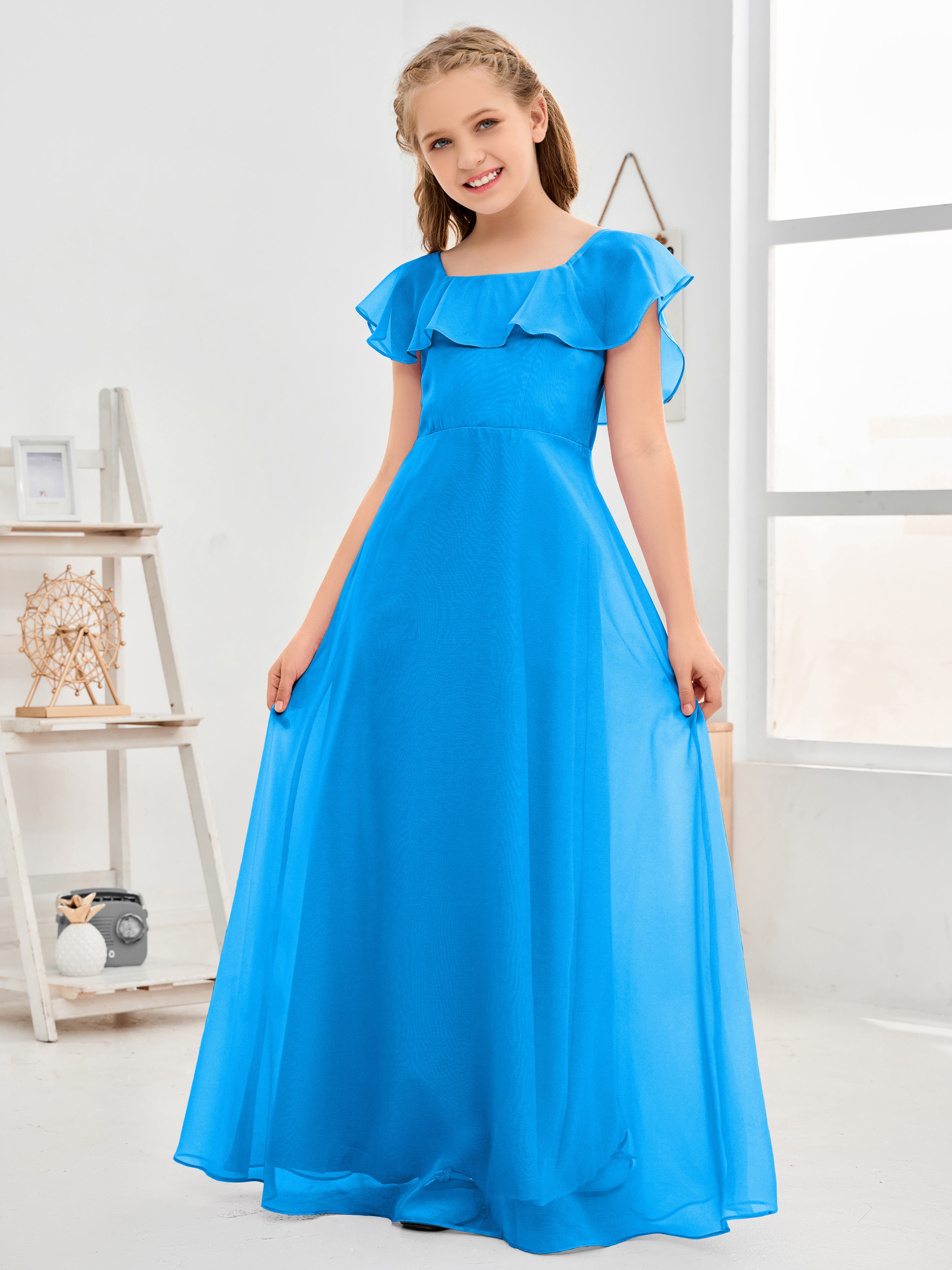 Square Neckline Ruffles Chiffon Junior Bridesmaid Dresses