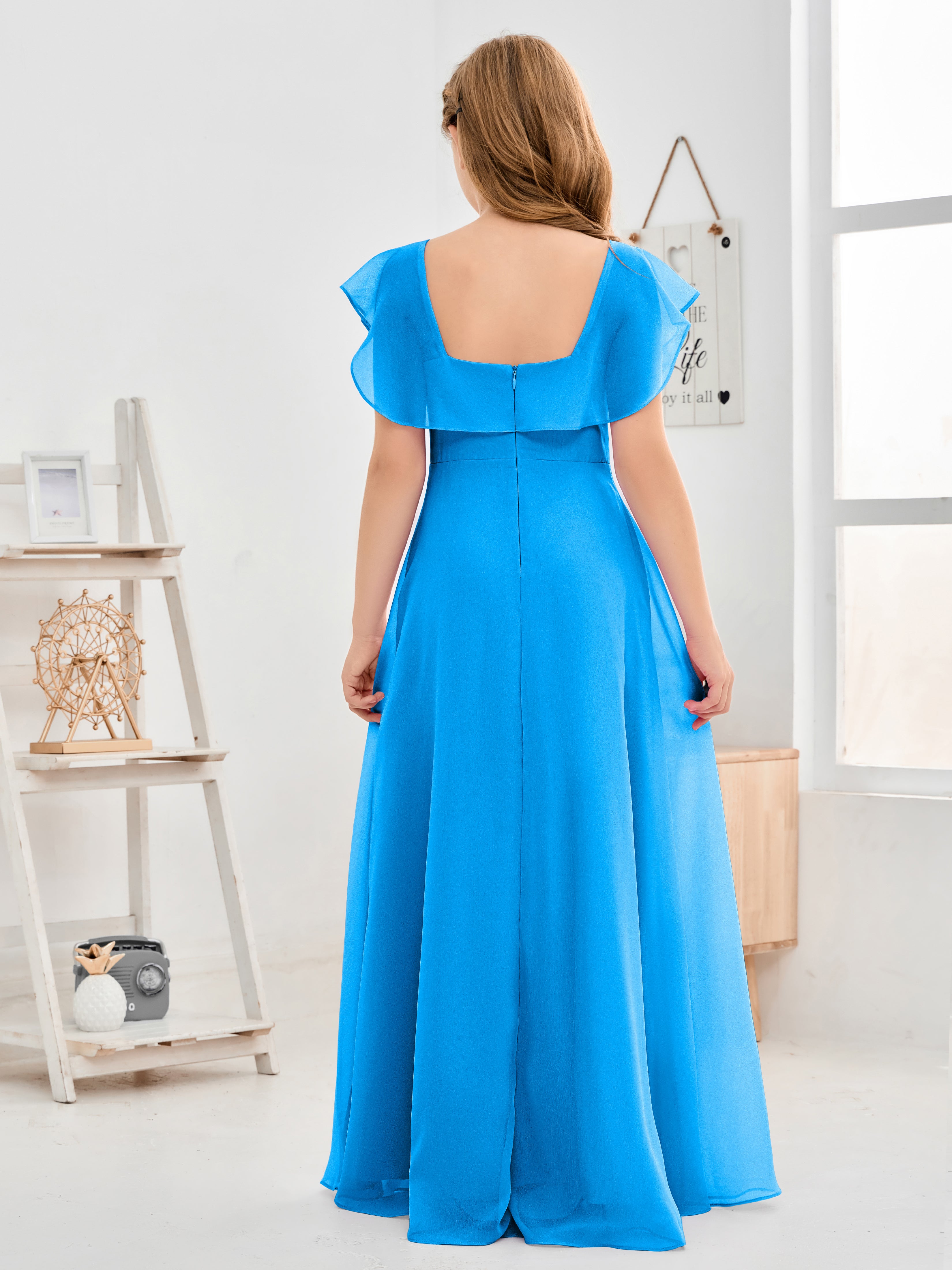 Square Neckline Ruffles Chiffon Junior Bridesmaid Dresses