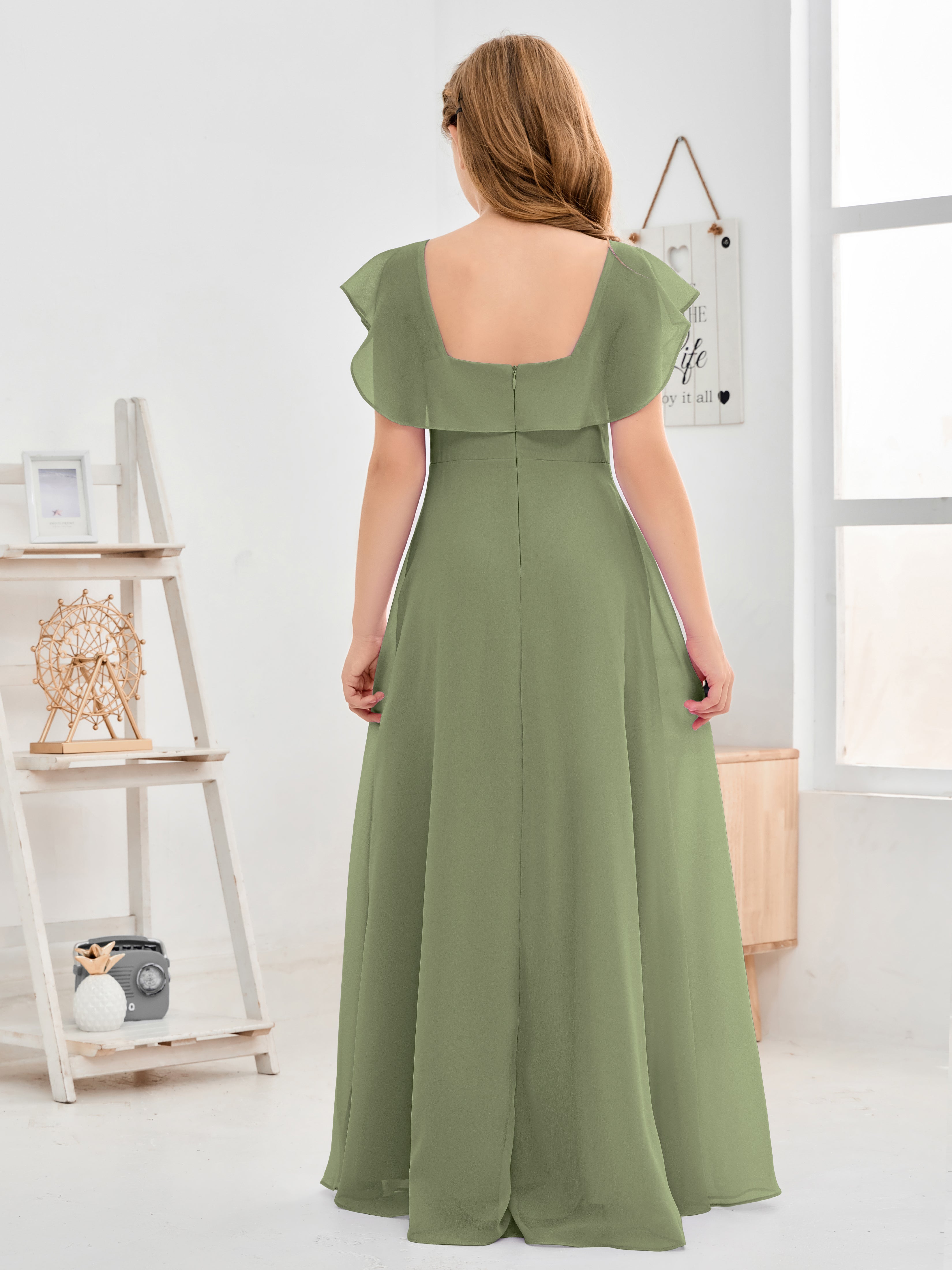 Square Neckline Ruffles Chiffon Junior Bridesmaid Dresses