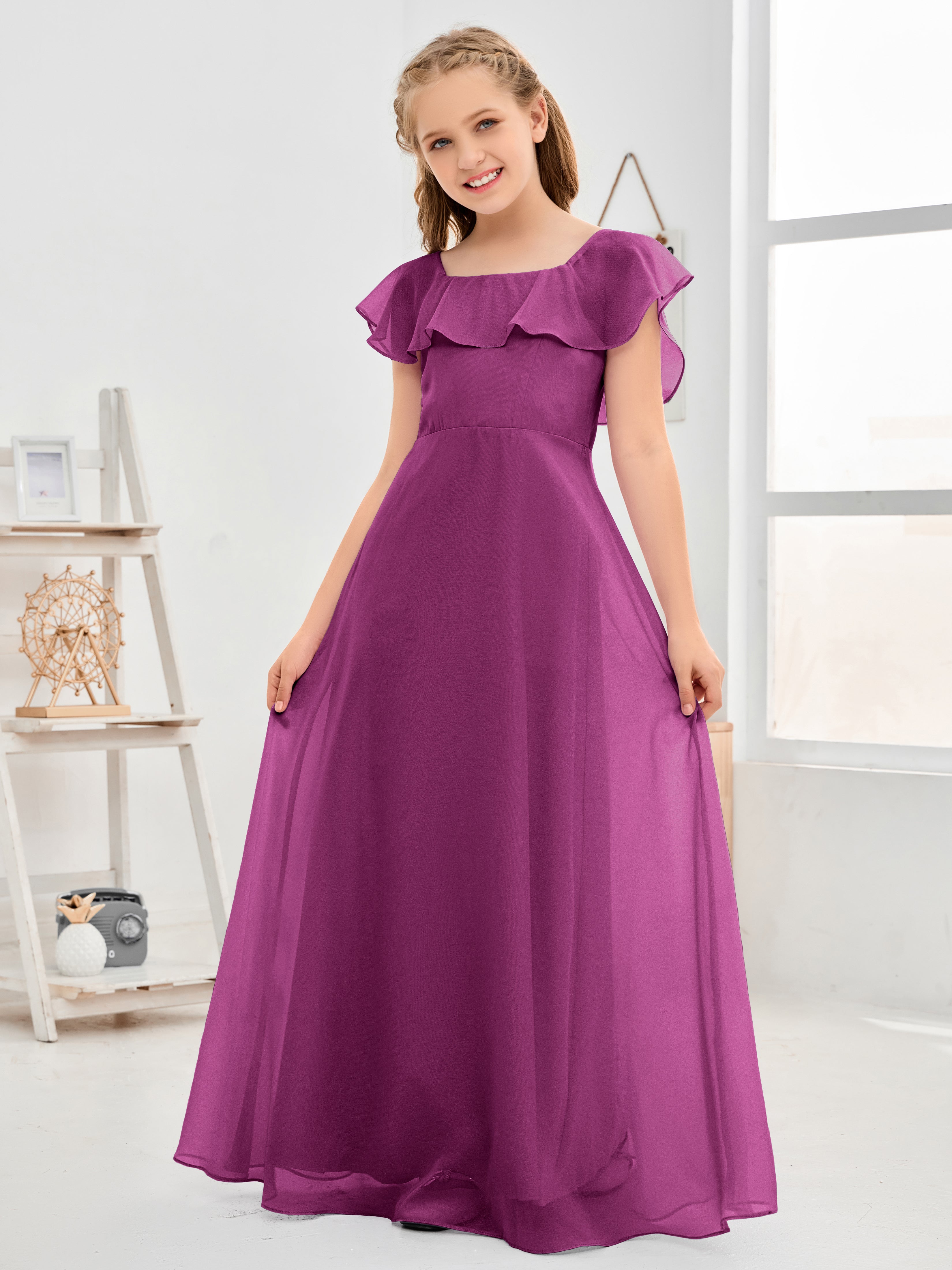 Square Neckline Ruffles Chiffon Junior Bridesmaid Dresses