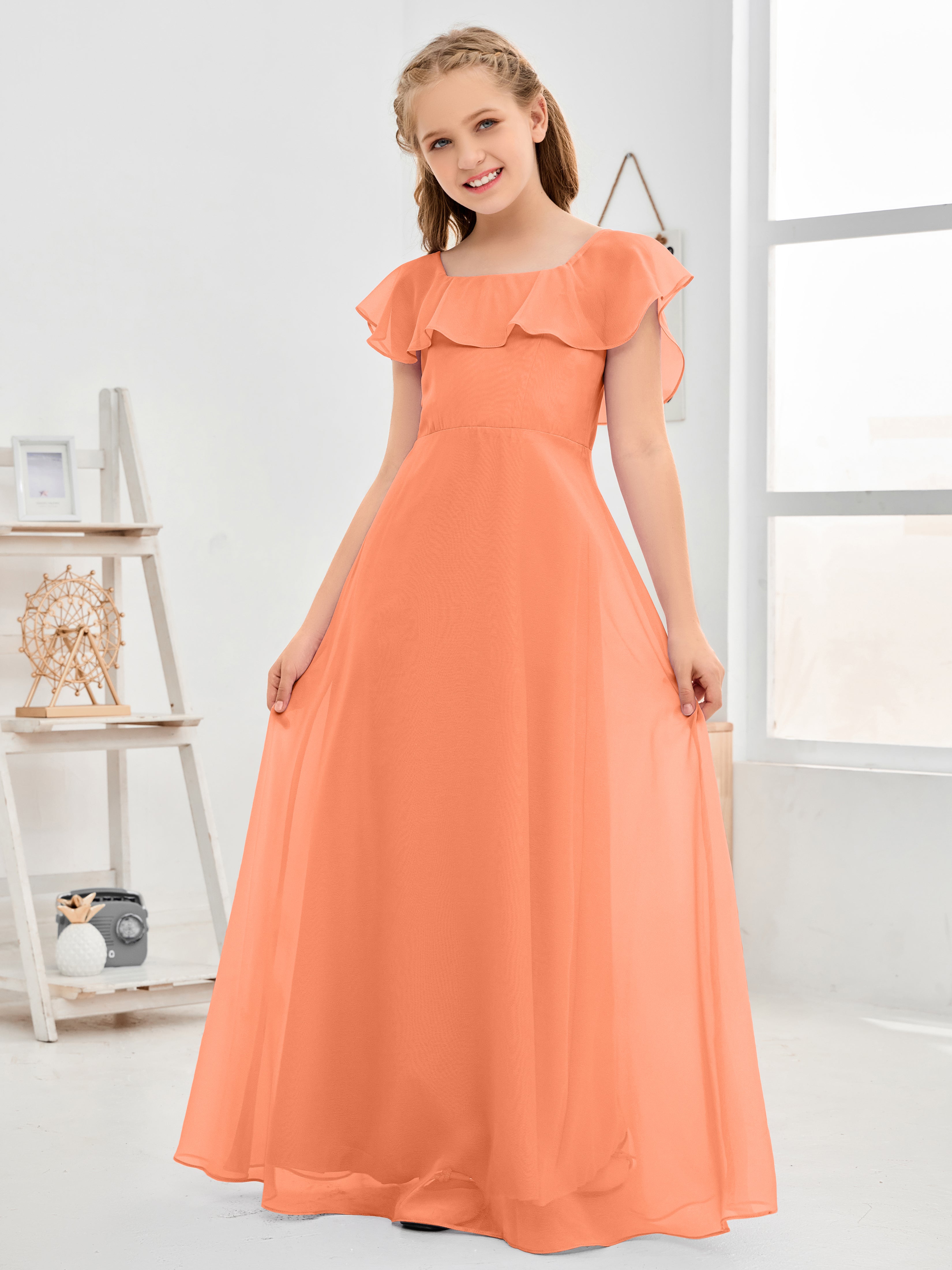 Square Neckline Ruffles Chiffon Junior Bridesmaid Dresses