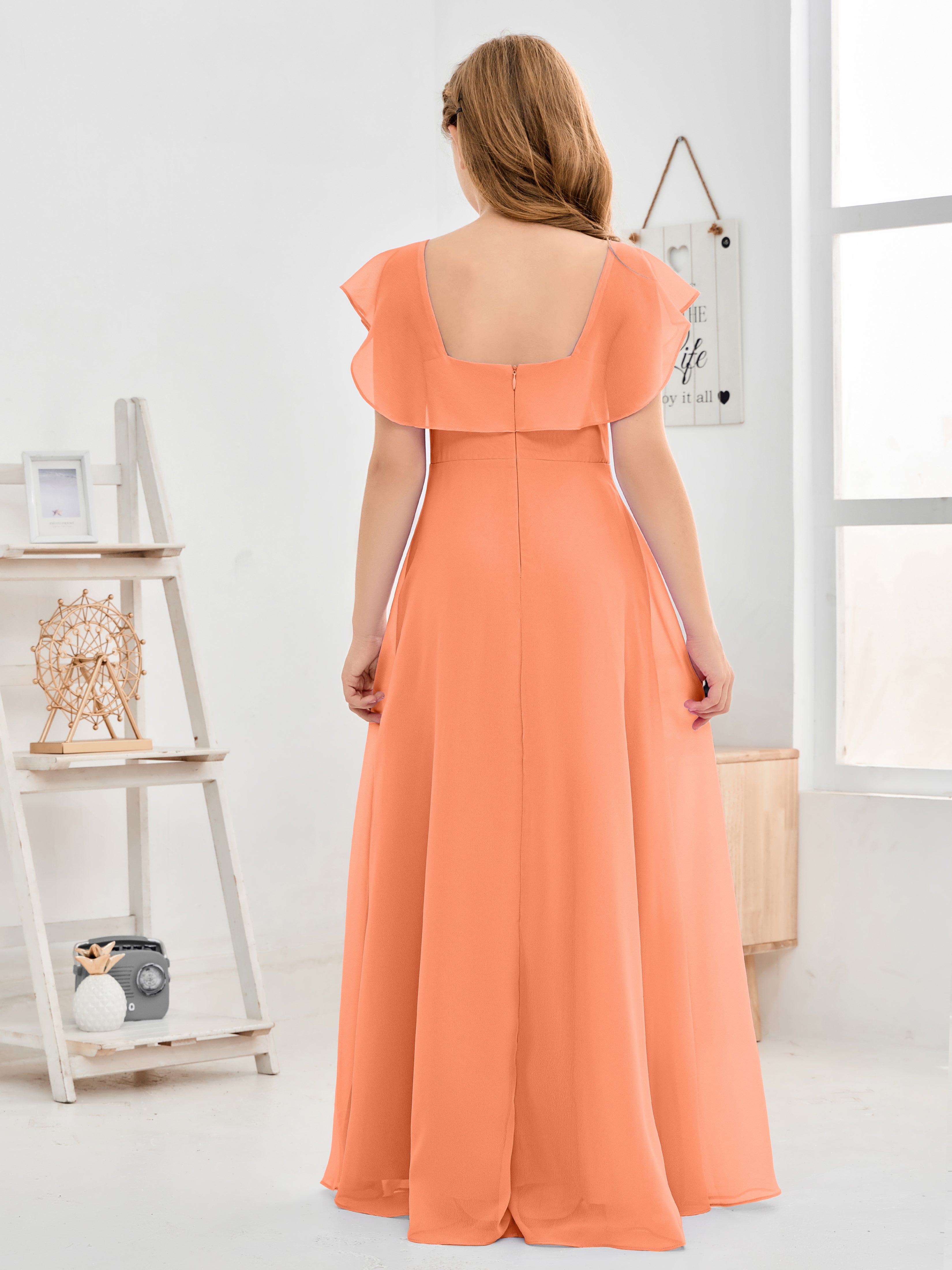 Square Neckline Ruffles Chiffon Junior Bridesmaid Dresses