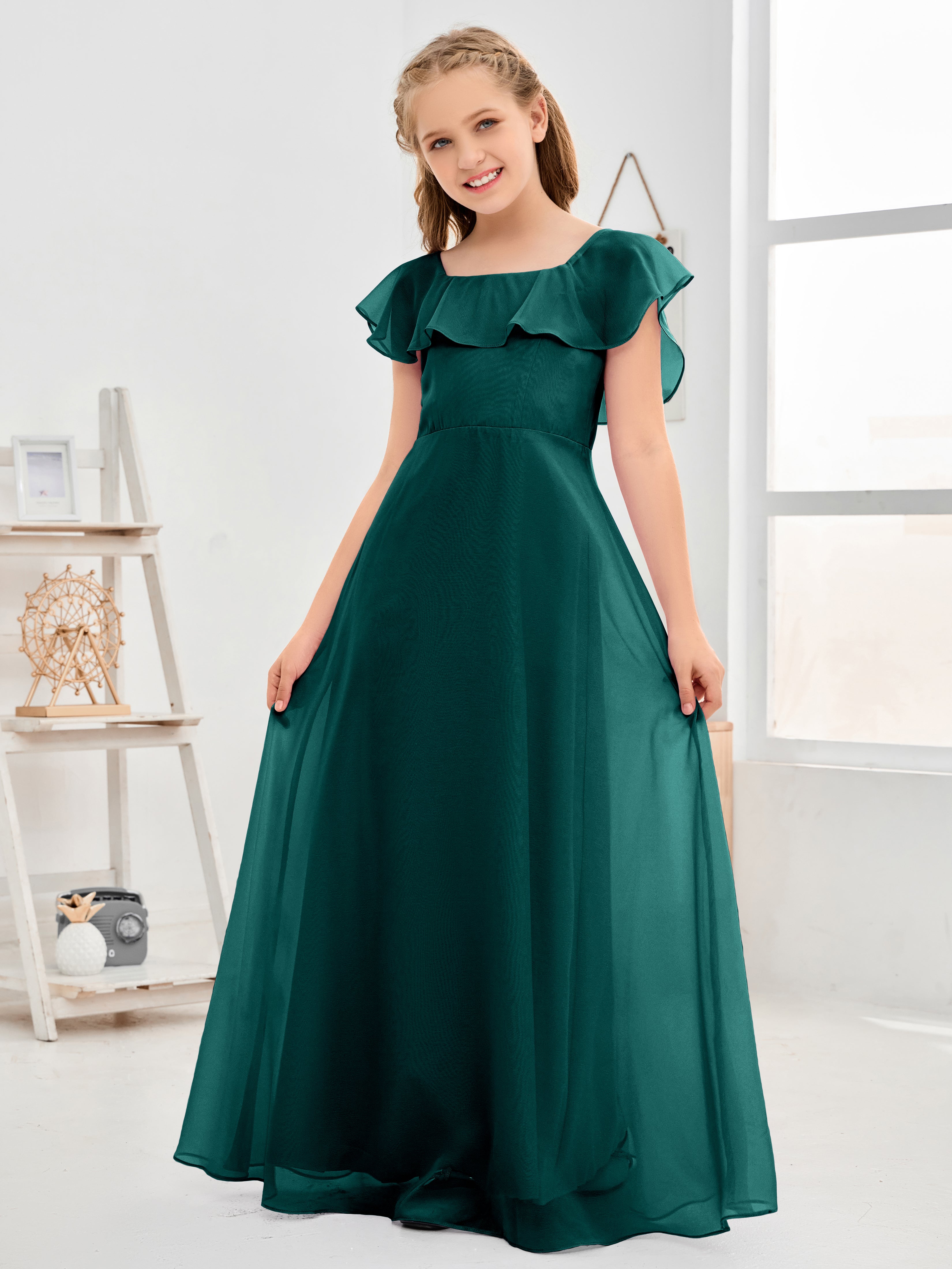 Square Neckline Ruffles Chiffon Junior Bridesmaid Dresses