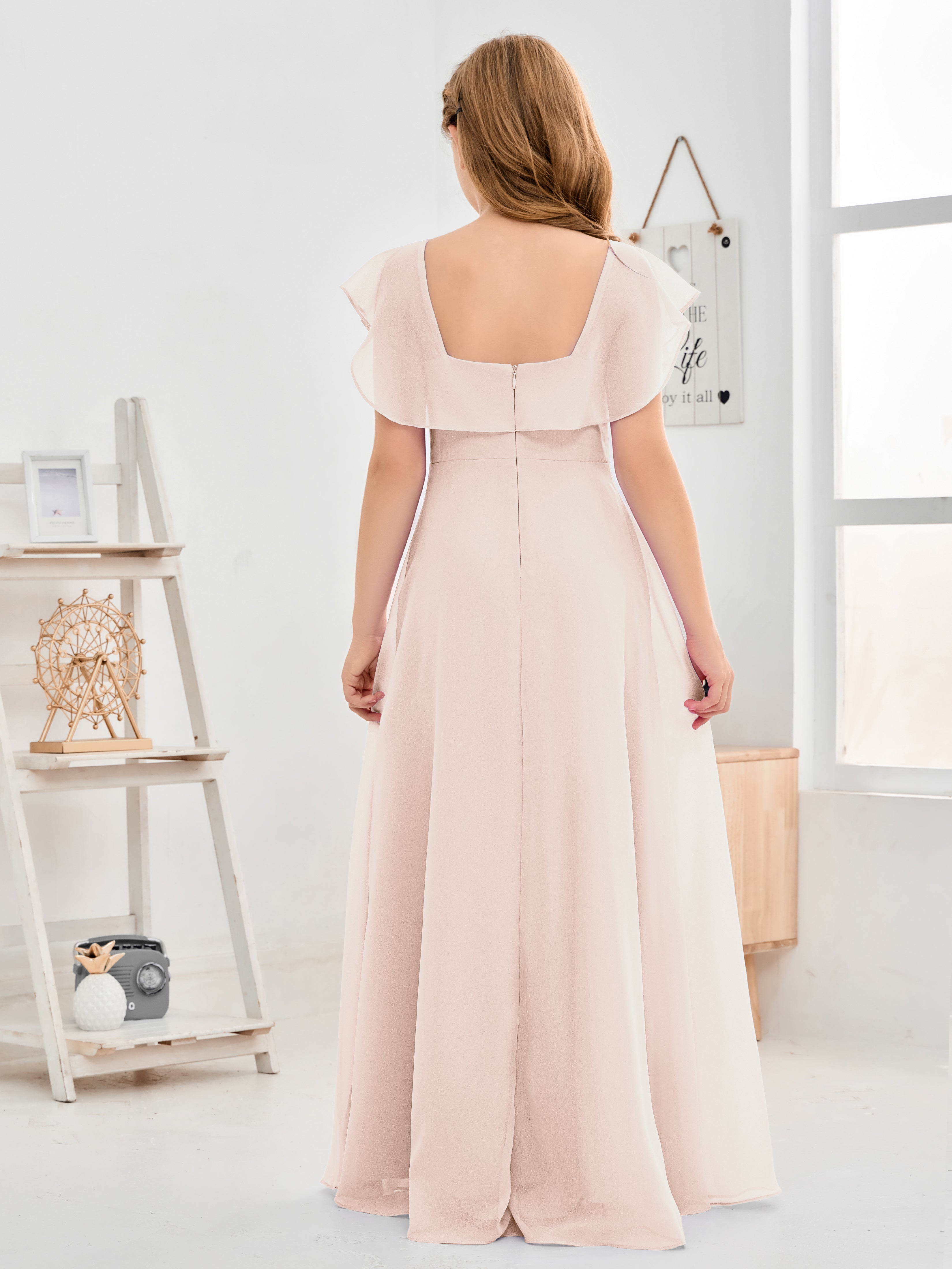 Square Neckline Ruffles Chiffon Junior Bridesmaid Dresses