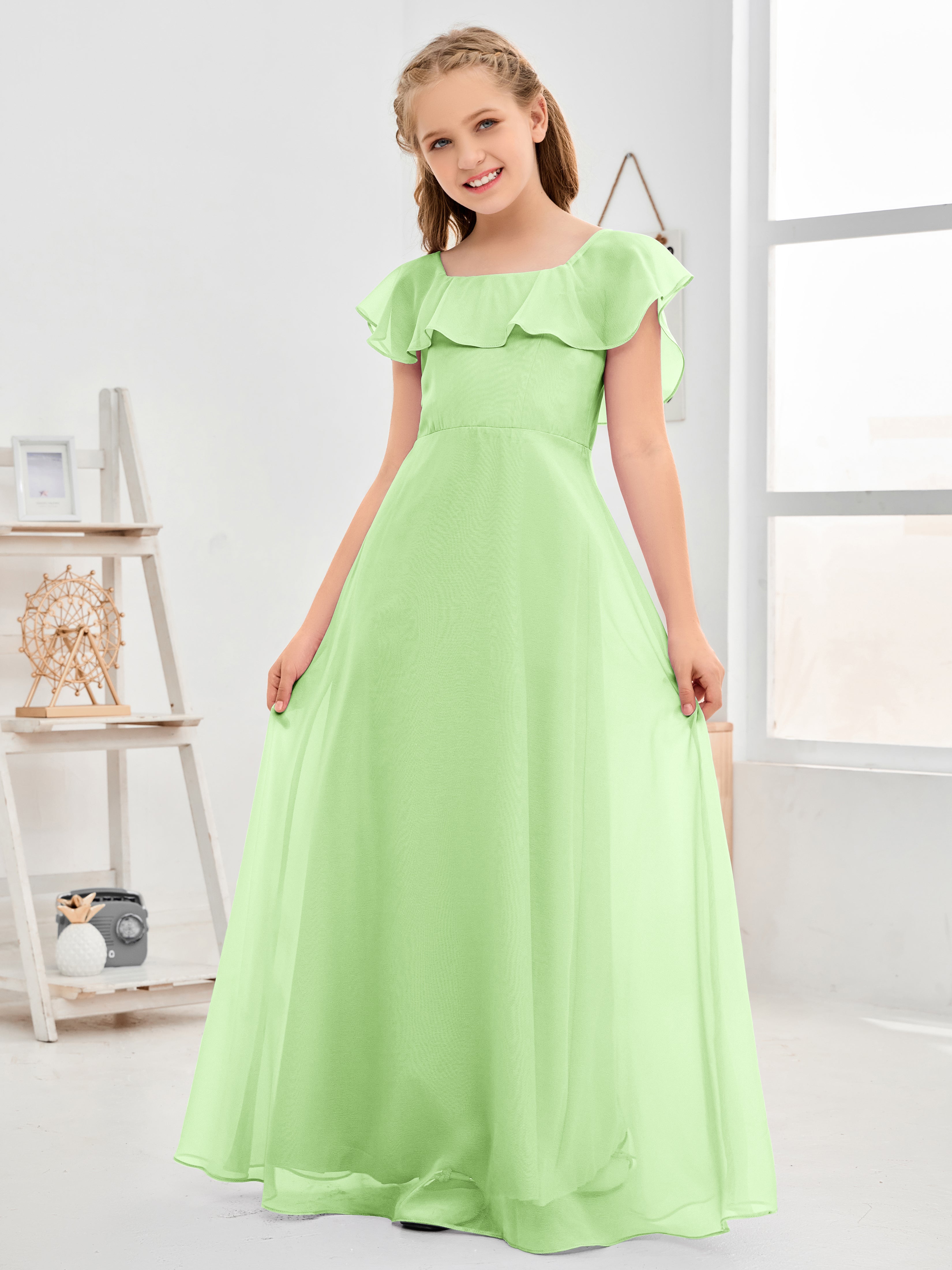 Square Neckline Ruffles Chiffon Junior Bridesmaid Dresses