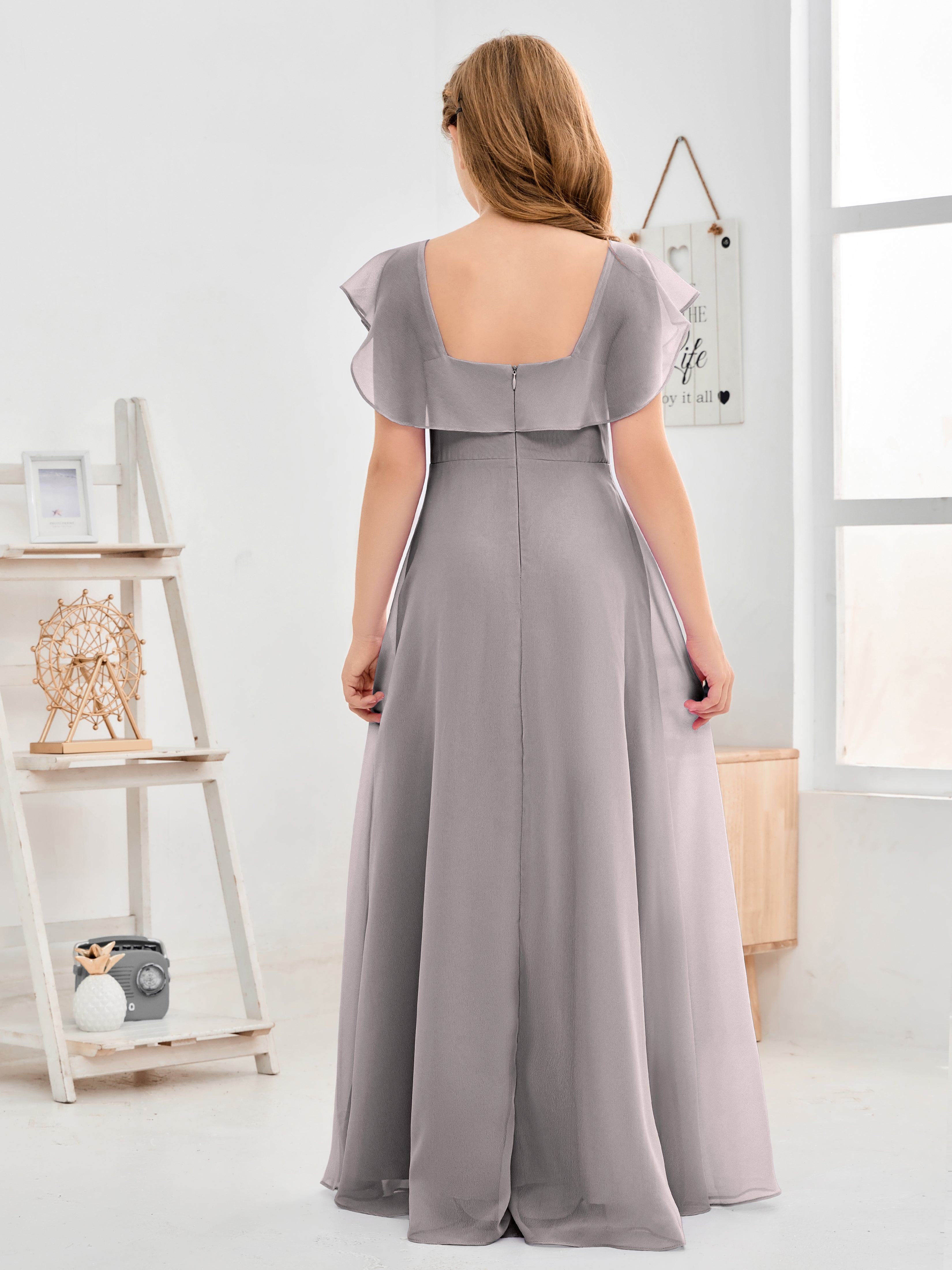 Square Neckline Ruffles Chiffon Junior Bridesmaid Dresses