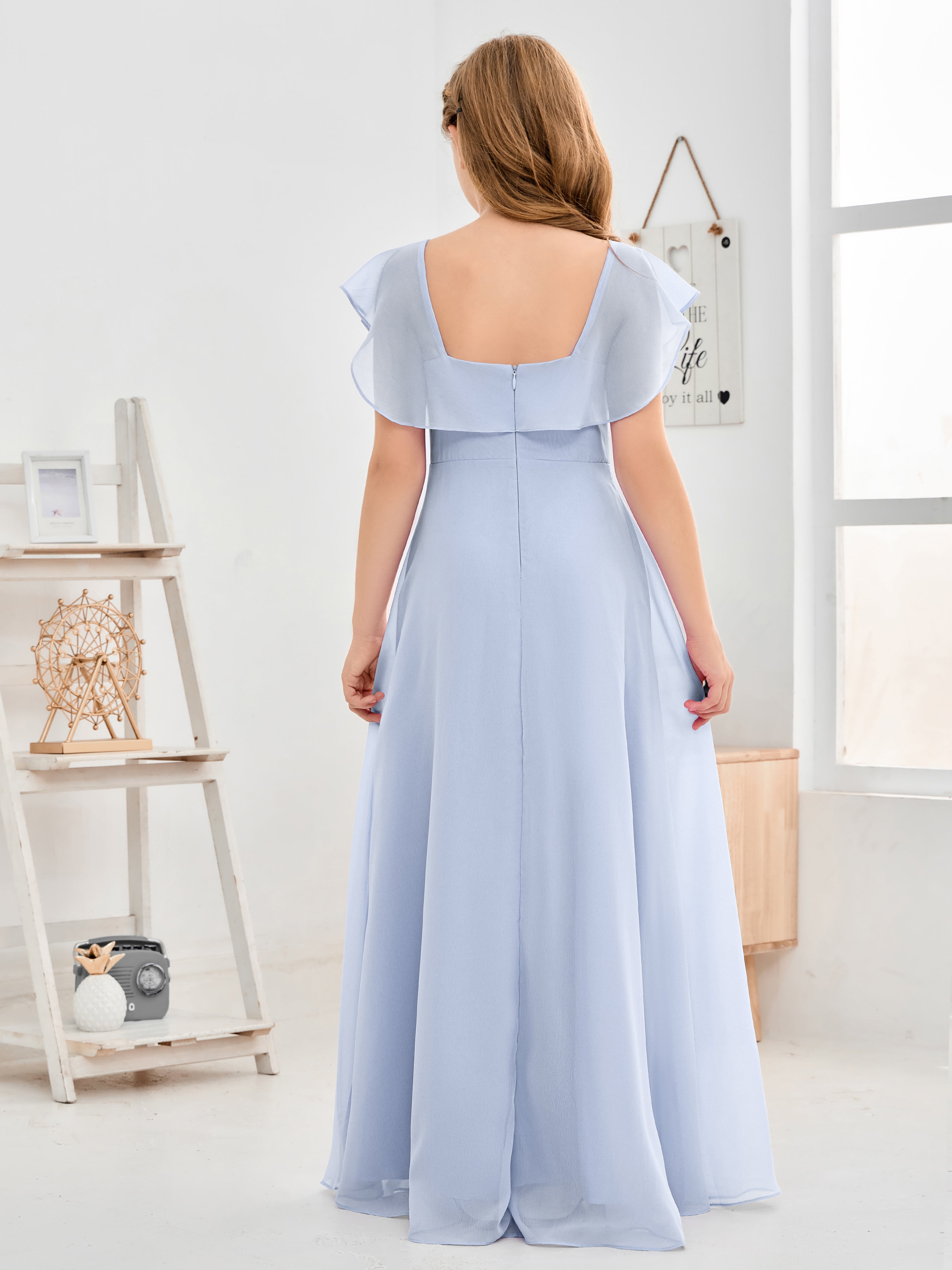 Square Neckline Ruffles Chiffon Junior Bridesmaid Dresses