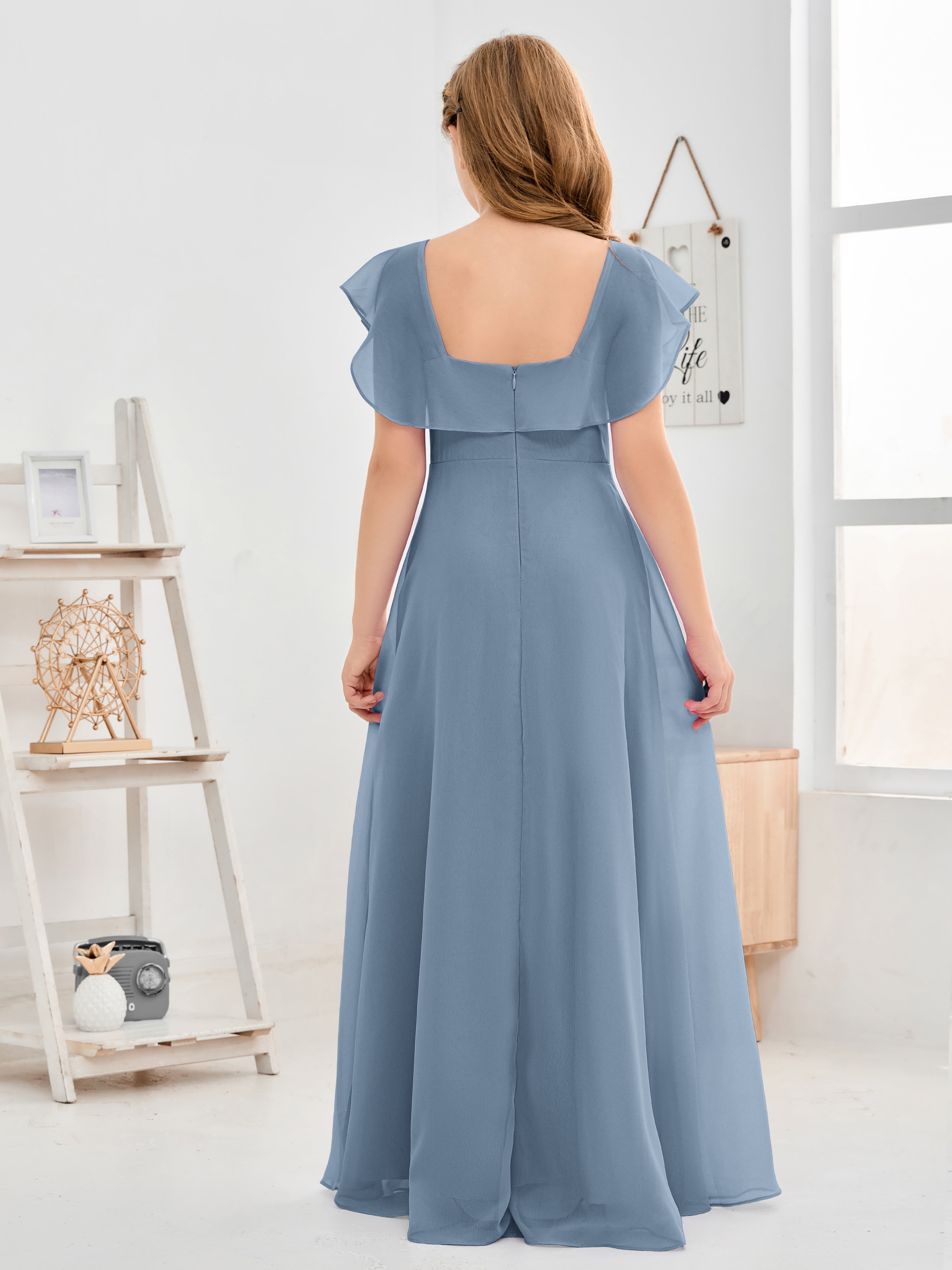 Square Neckline Ruffles Chiffon Junior Bridesmaid Dresses