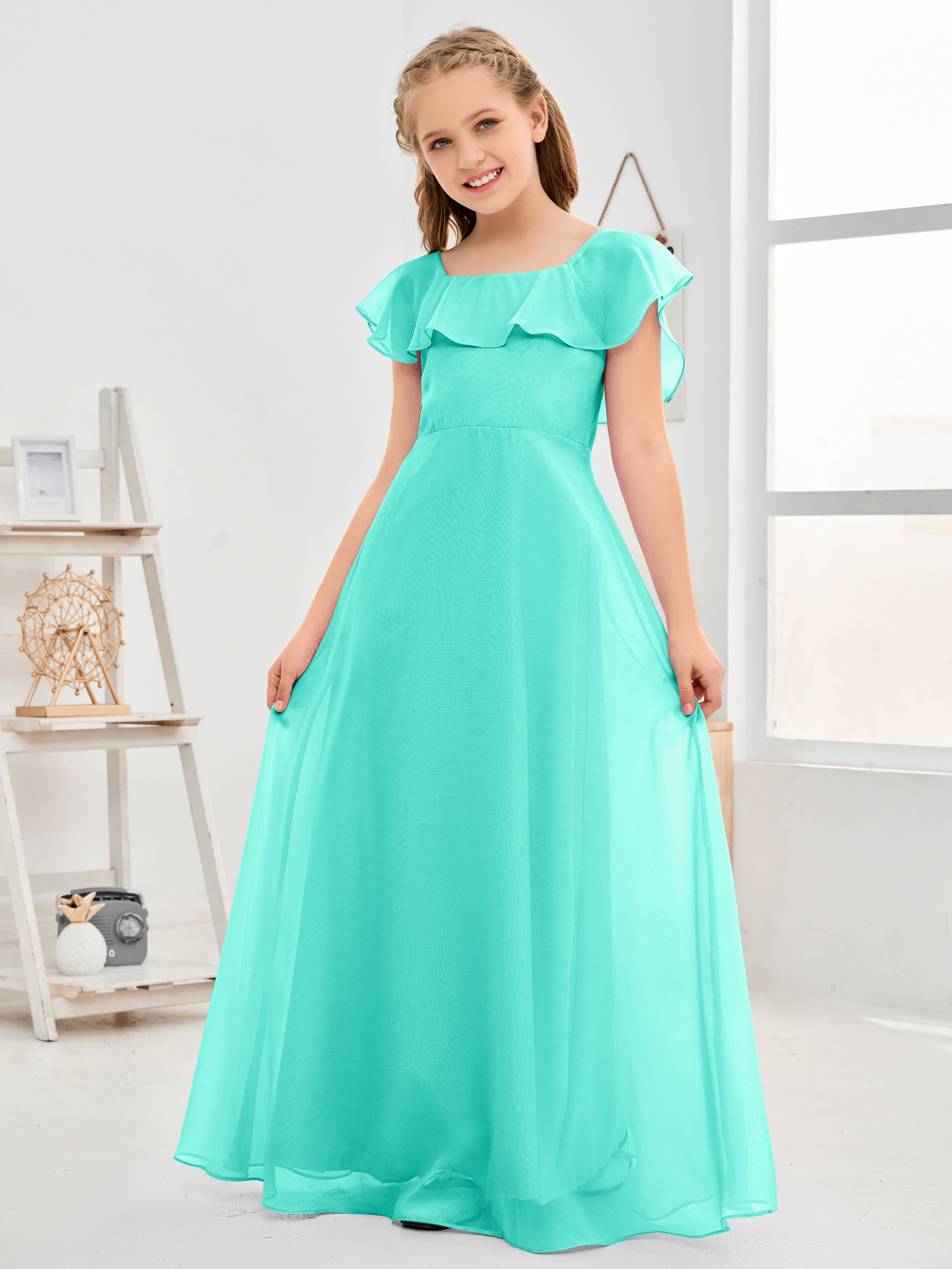 Square Neckline Ruffles Chiffon Junior Bridesmaid Dresses