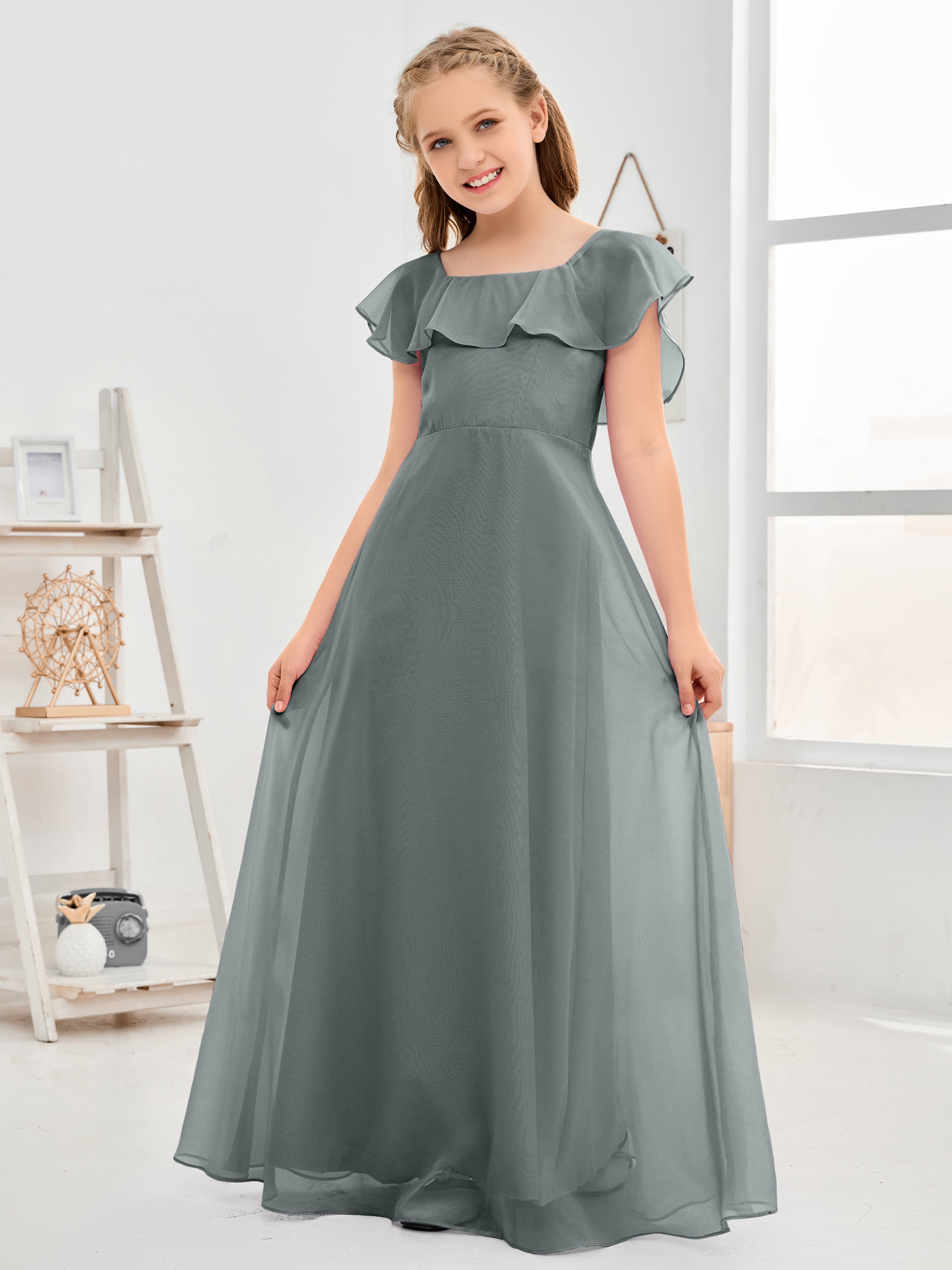 Square Neckline Ruffles Chiffon Junior Bridesmaid Dresses