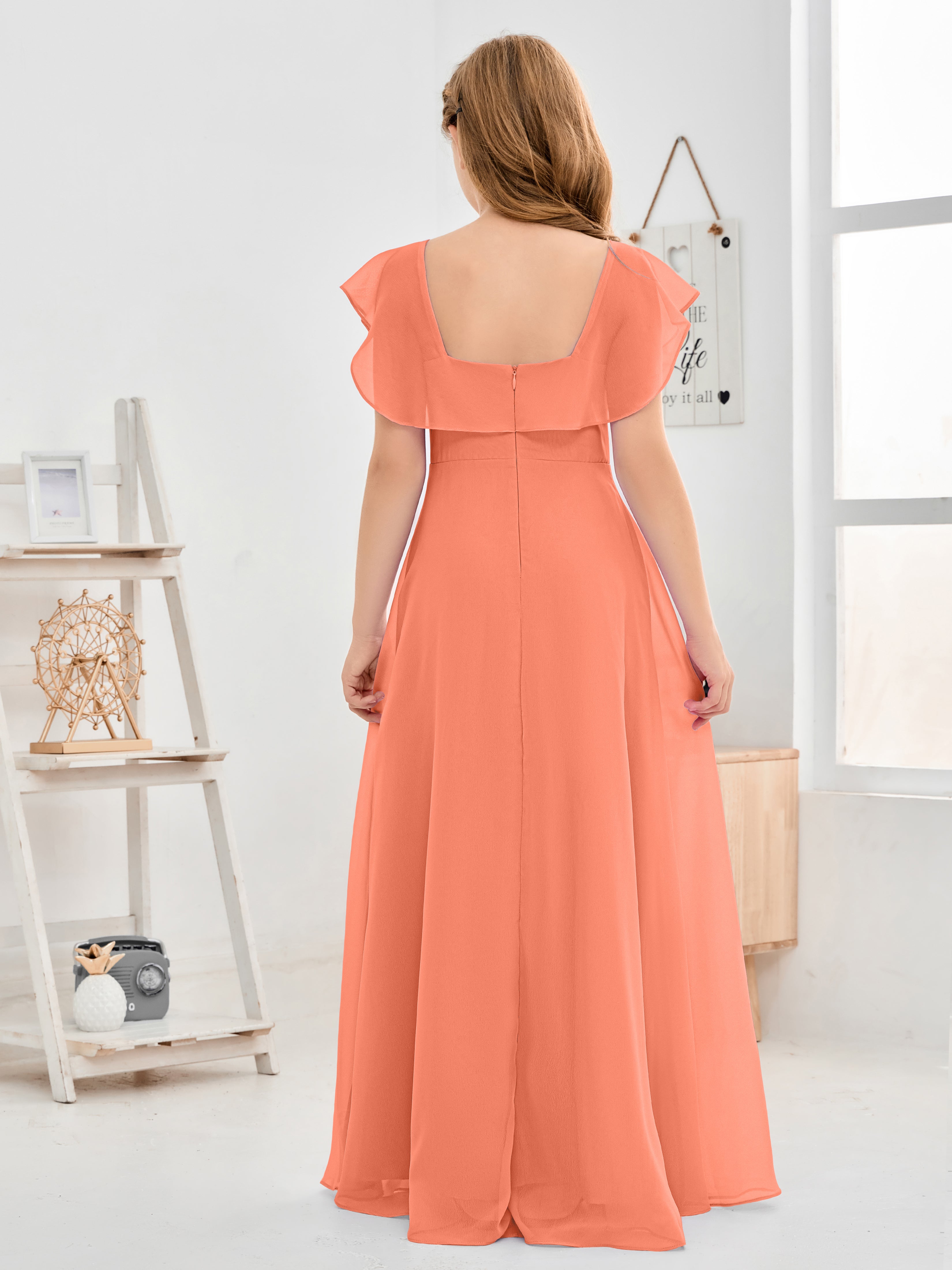 Square Neckline Ruffles Chiffon Junior Bridesmaid Dresses