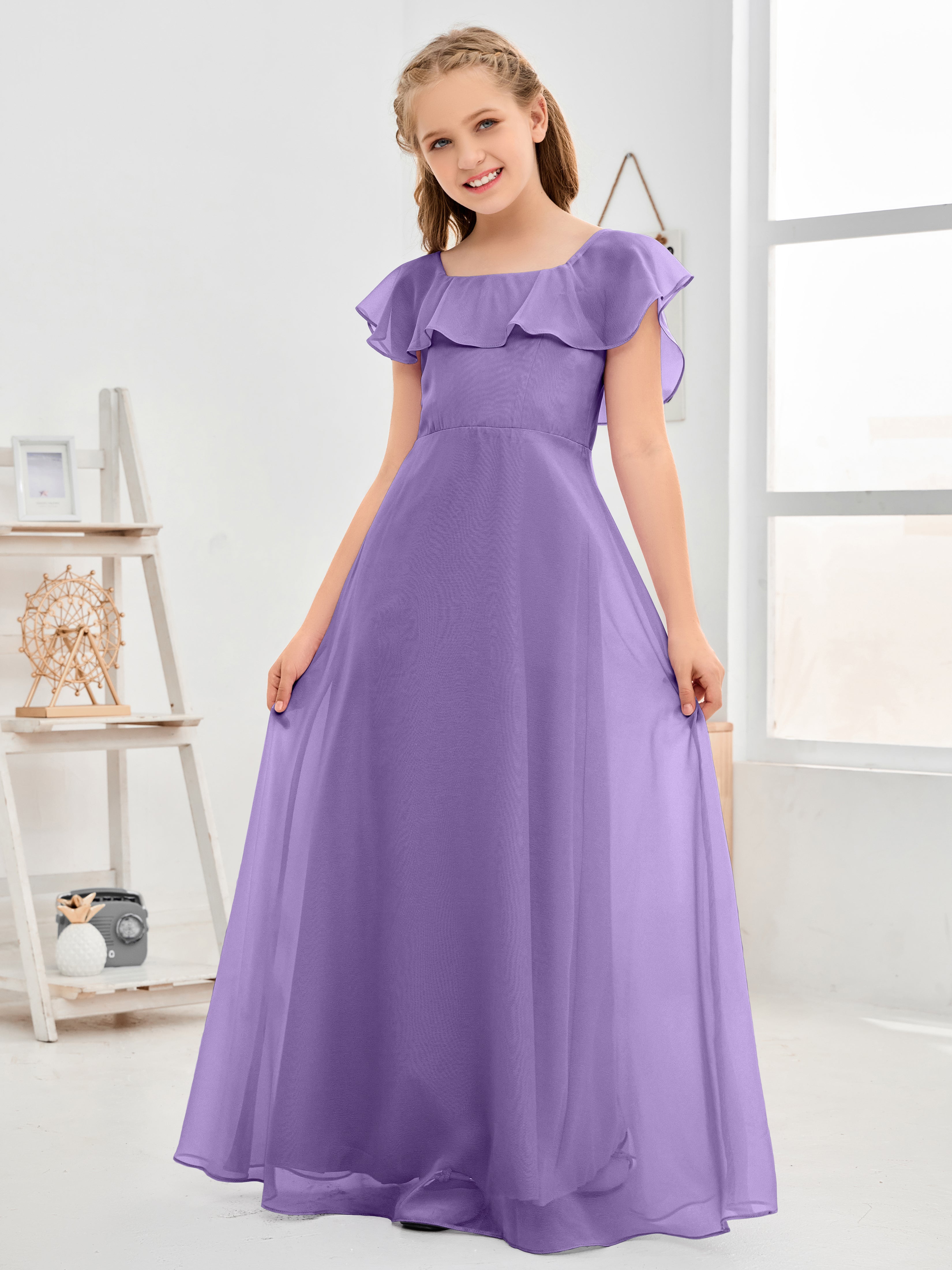 Square Neckline Ruffles Chiffon Junior Bridesmaid Dresses