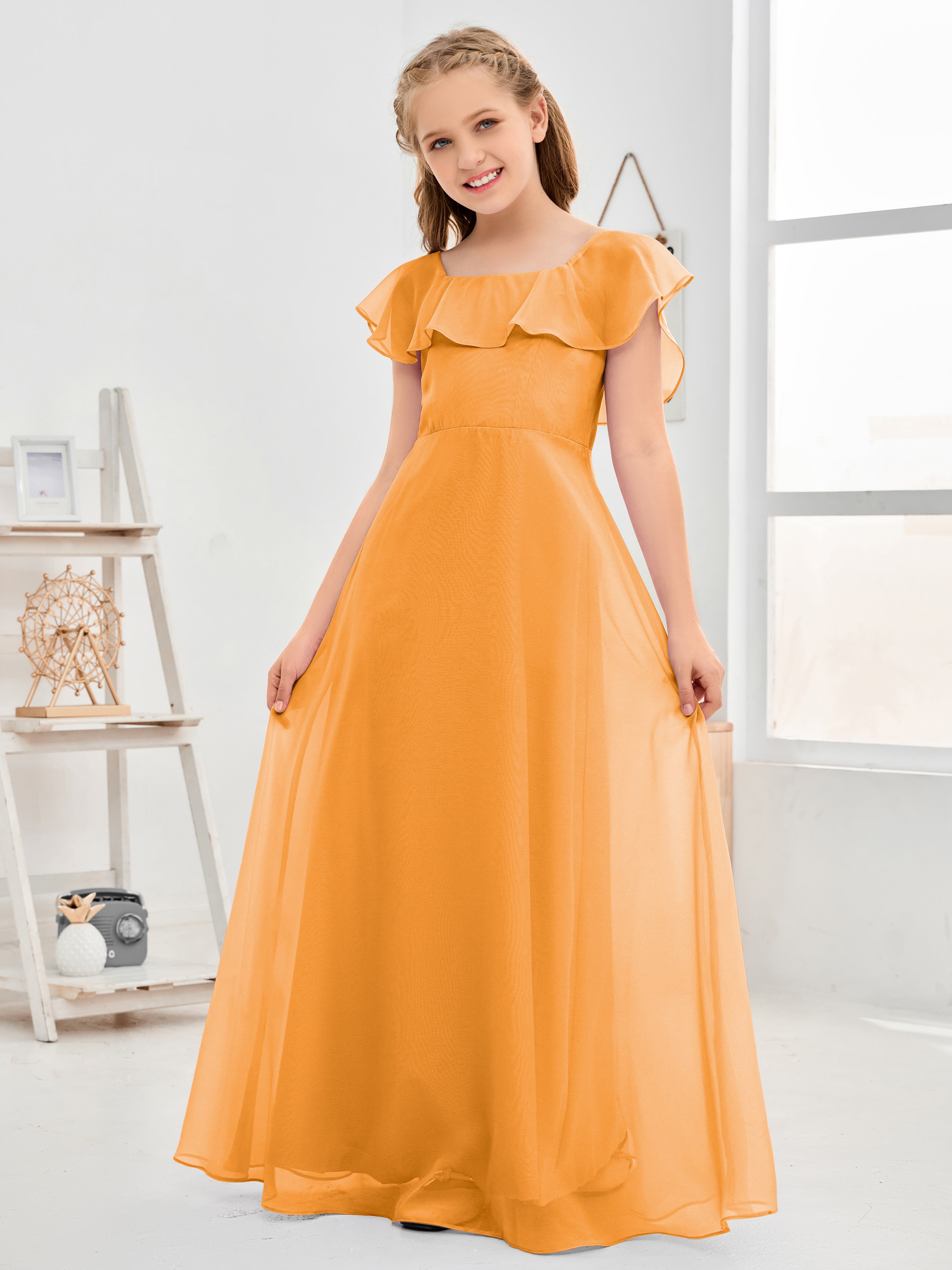 Square Neckline Ruffles Chiffon Junior Bridesmaid Dresses