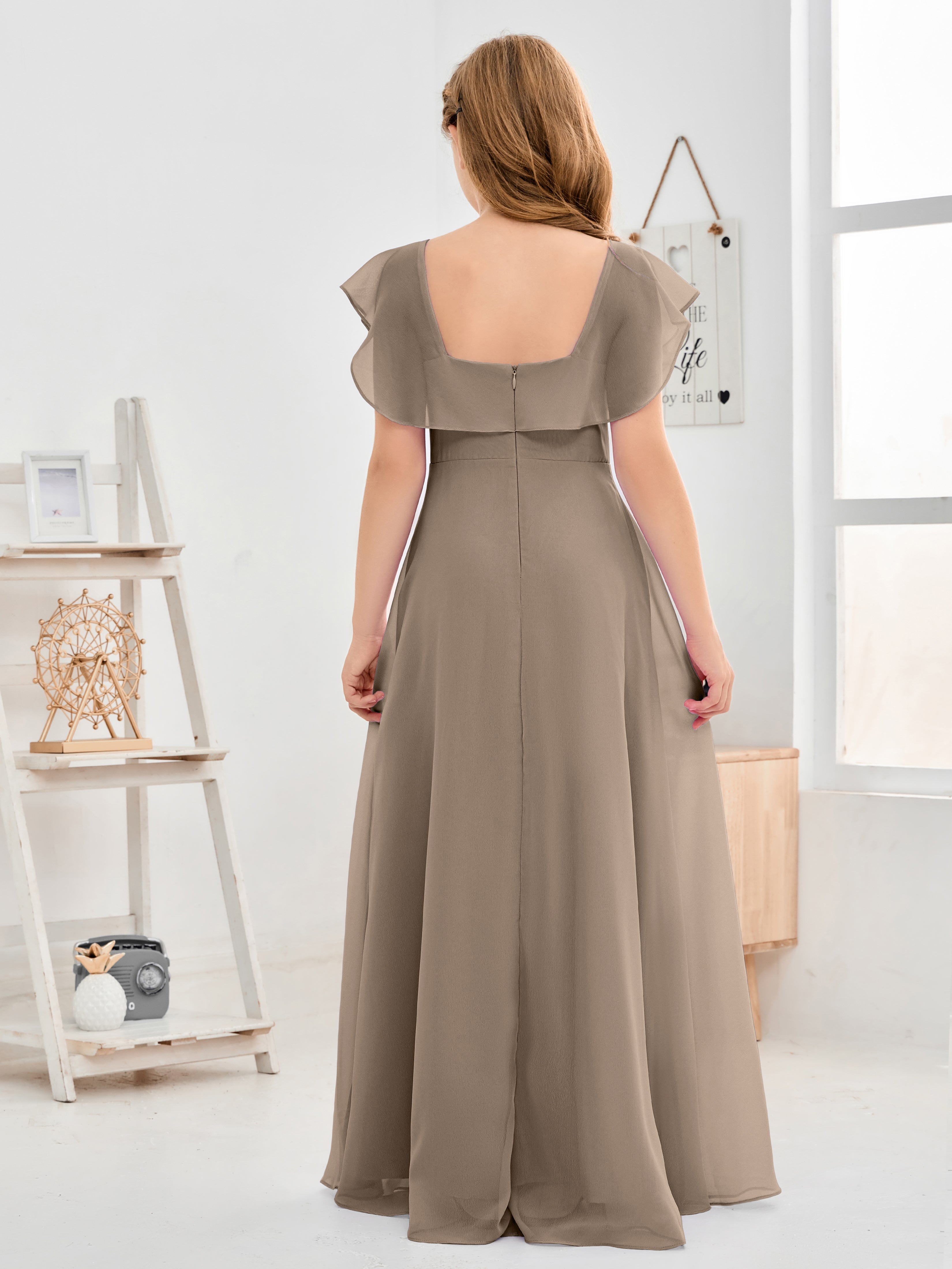 Square Neckline Ruffles Chiffon Junior Bridesmaid Dresses