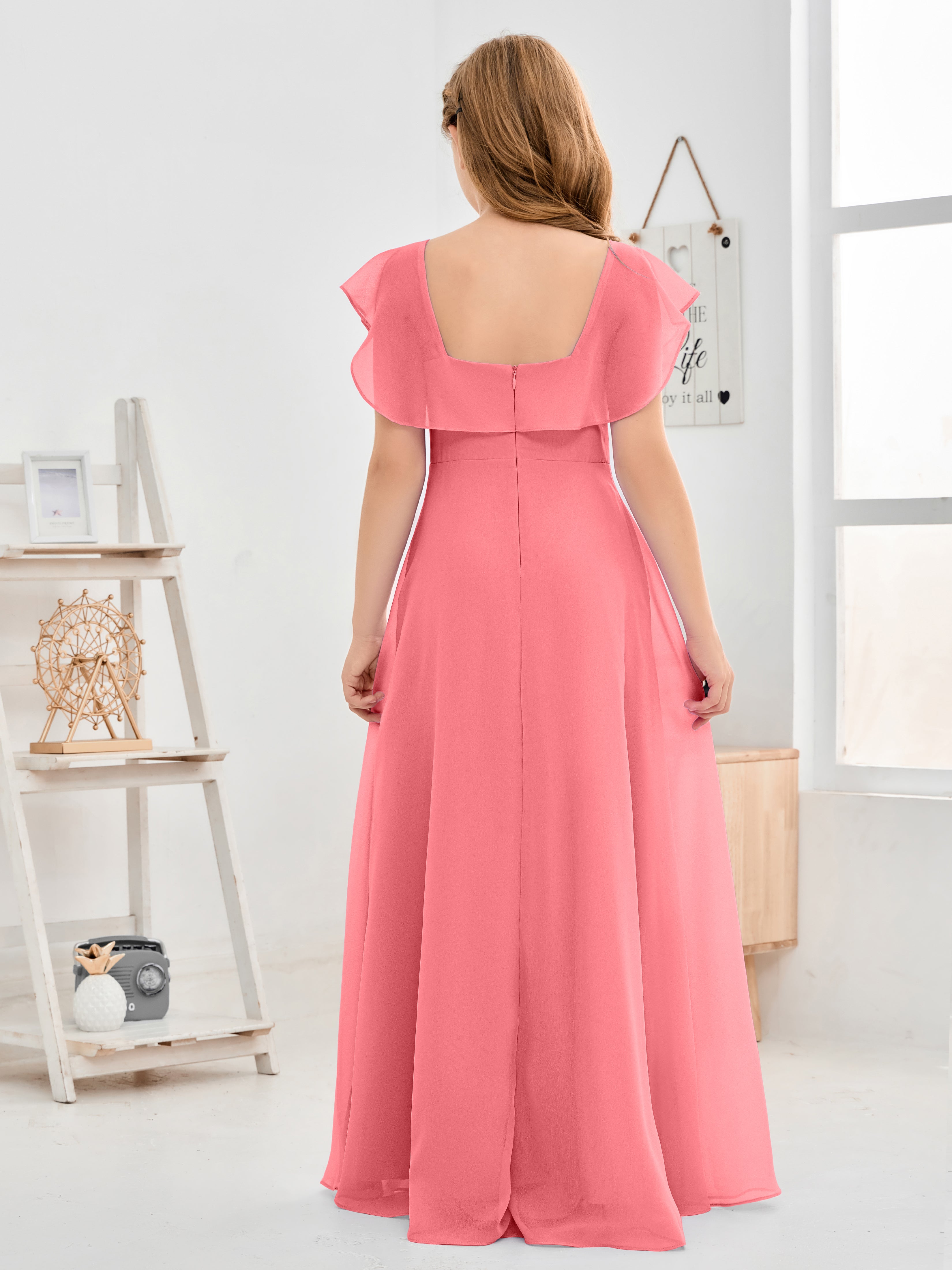 Square Neckline Ruffles Chiffon Junior Bridesmaid Dresses