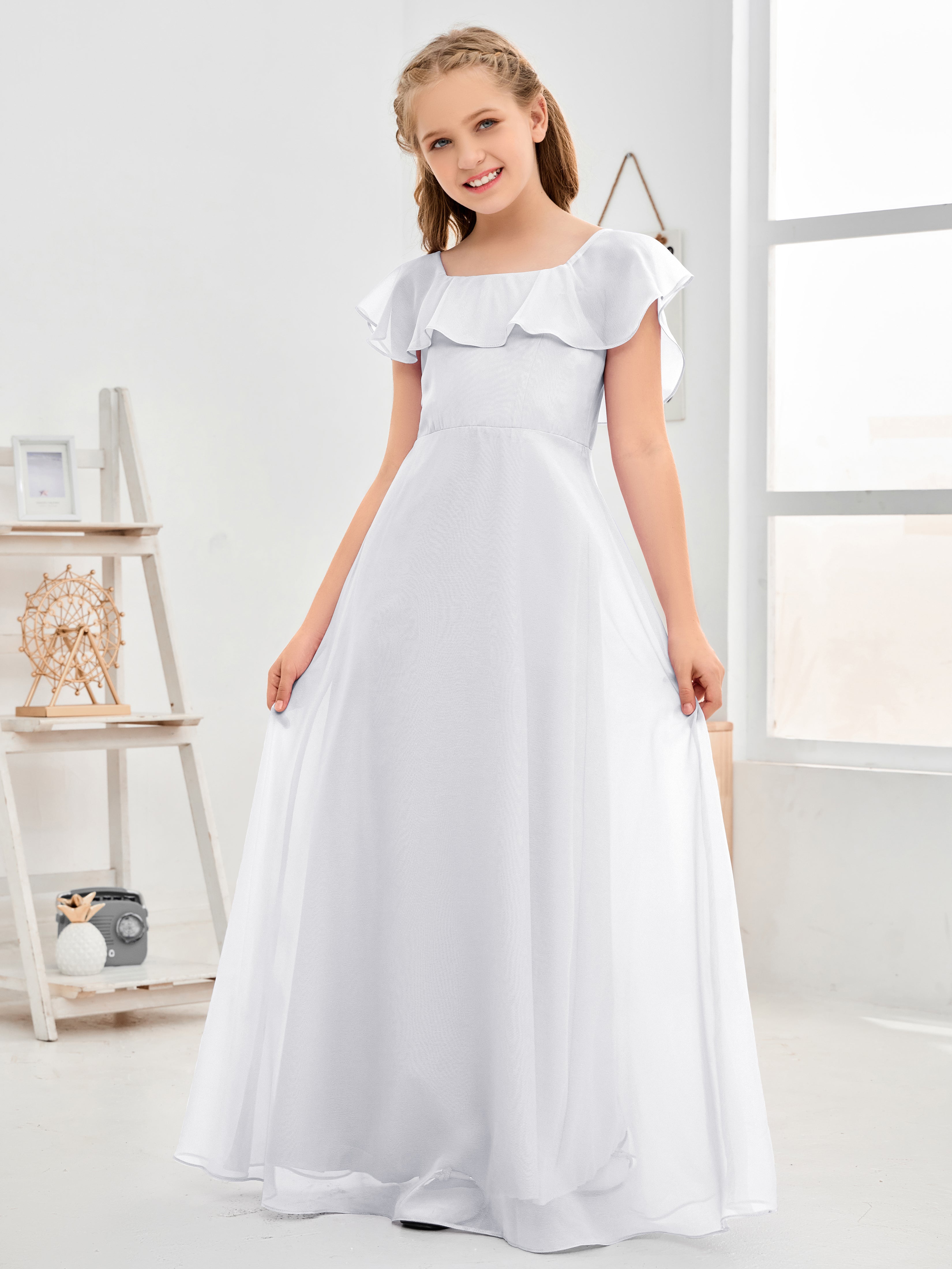 Square Neckline Ruffles Chiffon Junior Bridesmaid Dresses