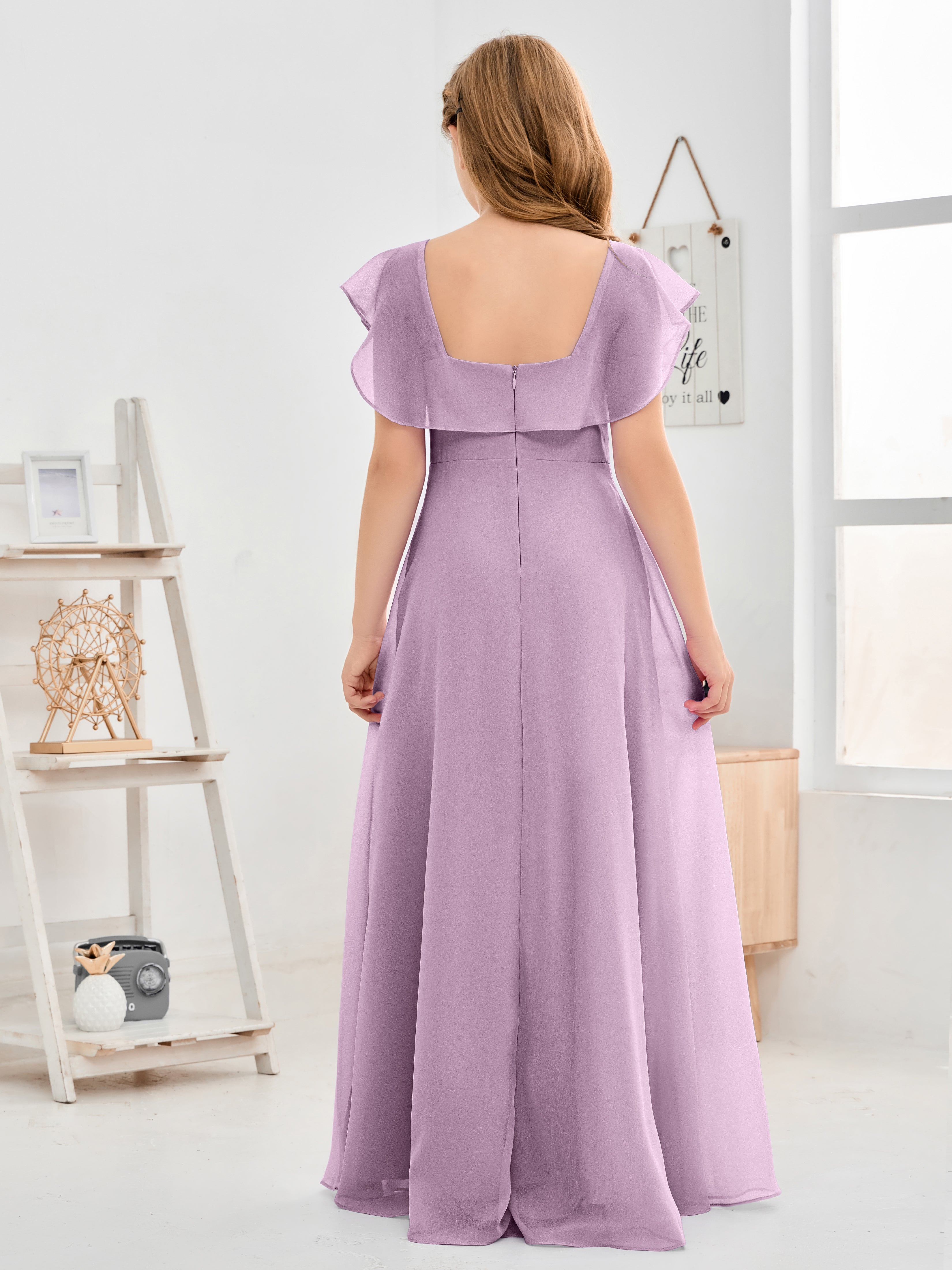 Square Neckline Ruffles Chiffon Junior Bridesmaid Dresses