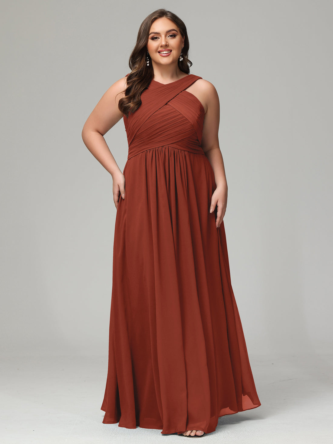 Bridesmaid Dresses In Rust Color Straps Pleats Chiffon Plus Size Bride