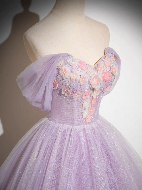 Off-the-shoulder Floral Appliqued Tulle Ball Gown Dress Turquoise