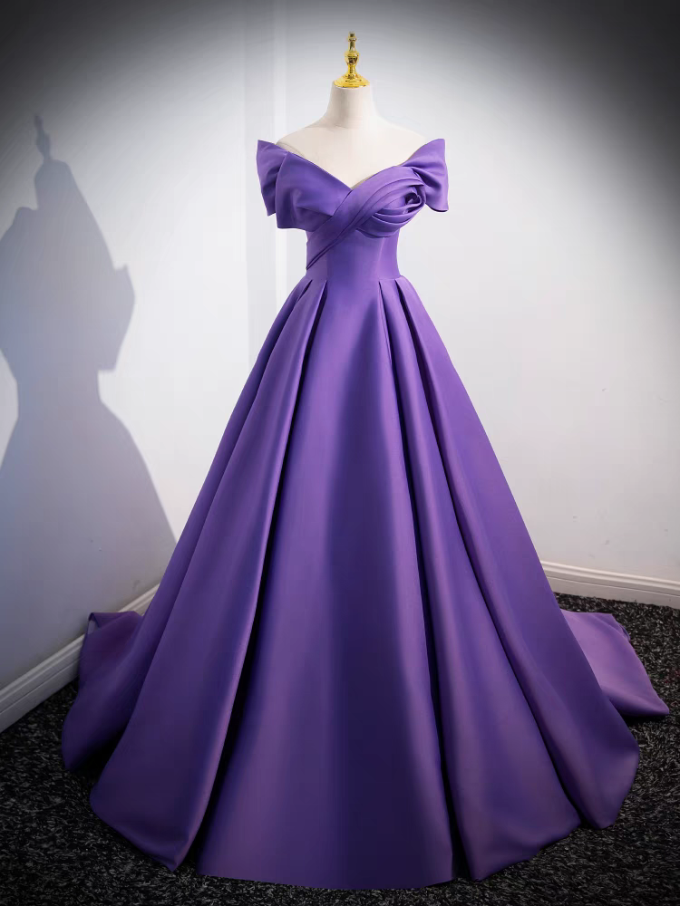 Purple V-Neck Pleats Ball Gown Off the Shoulder Satin Prom Dress