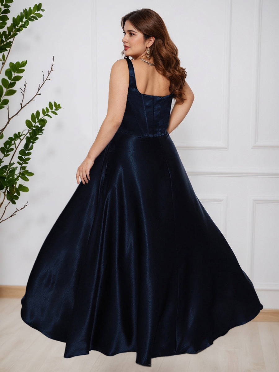 Cicinia Dark Navy A-Line Sleeveless Floor Length Plus Size Prom Dress with Square Neck
