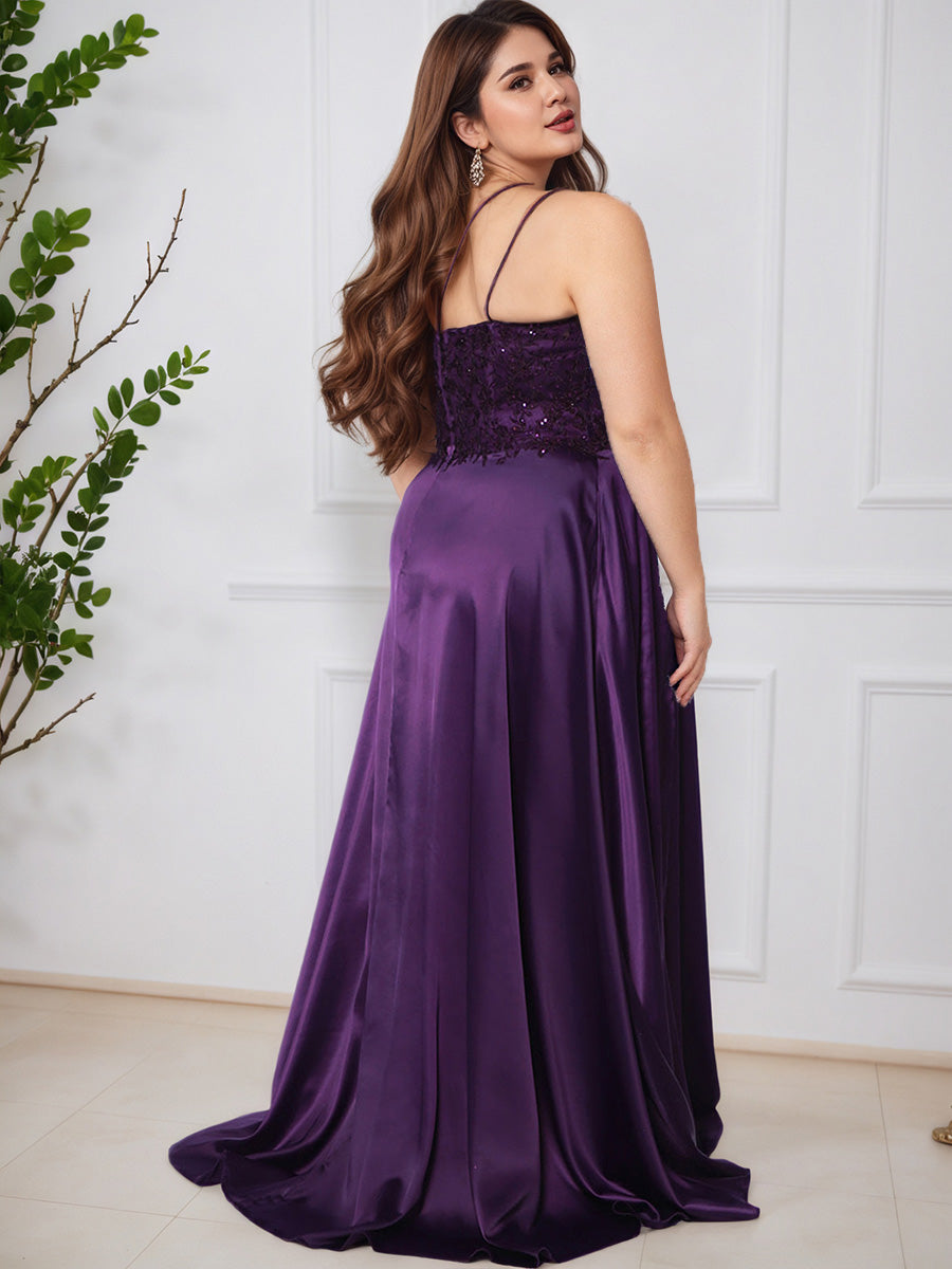 Cicinia Grape Spaghetti Straps Long A-Line Plus Size Prom Dress with Sweep Train
