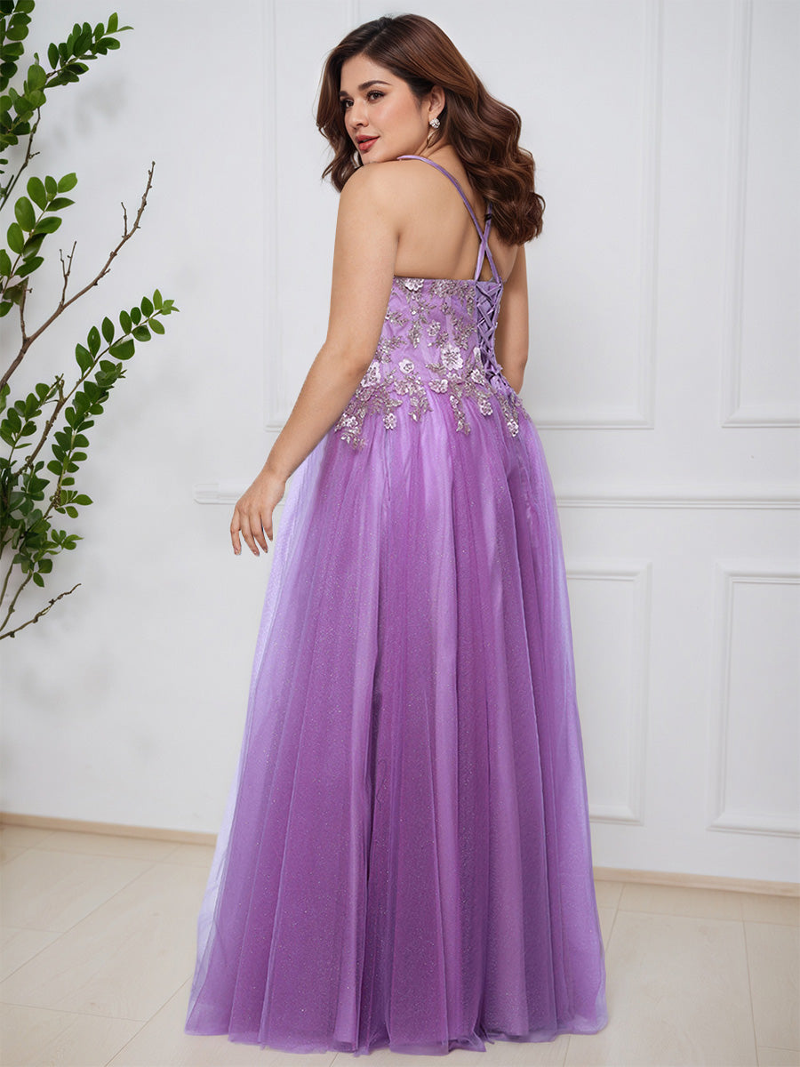 Cicinia Purple A-Line Spaghetti Straps Floor Length Lace Tulle Plus Size Prom Dress