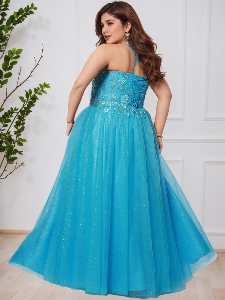Cicinia Blue A-Line Spaghetti Straps Floor Length Lace Tulle Plus Size Prom Dress