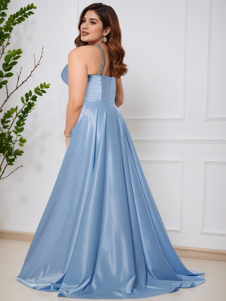 Cicinia Sky Blue Beading Sheath Sleeveless Plus Size Prom Dress with Sweep Train