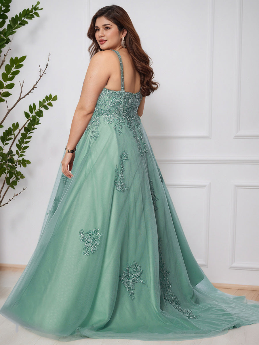 Cicinia Teal Deep V Neck Sleeveless Lace Tulle Plus Size Princess Prom Dress with Sweep Train