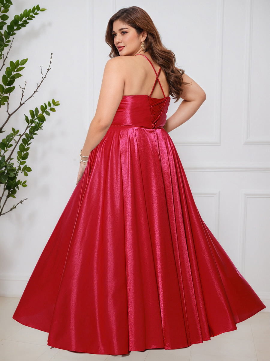 Cicinia Fuchsia A-Line Soft Satin Floor Length Plus Size Prom Dress