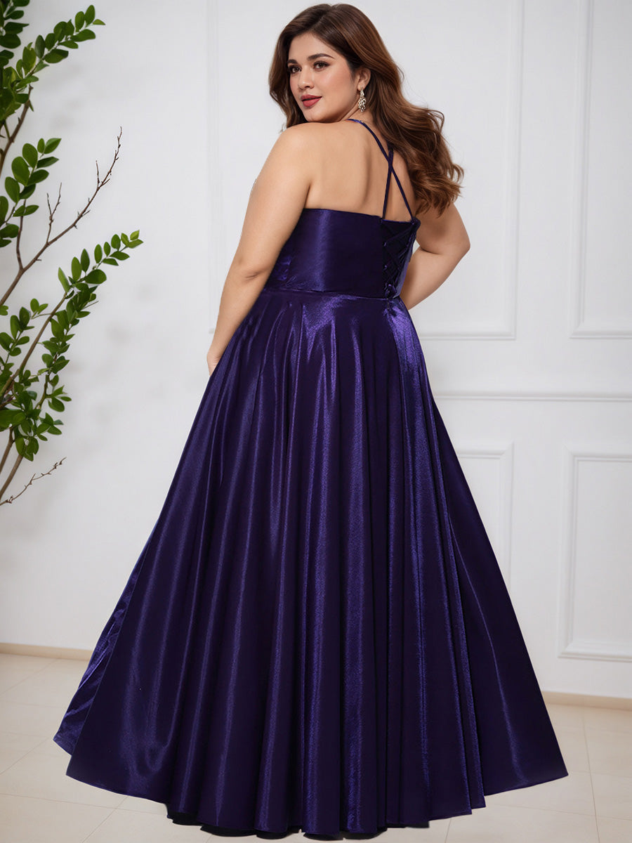 Cicinia Grape A-Line Soft Satin Floor Length Plus Size Prom Dress