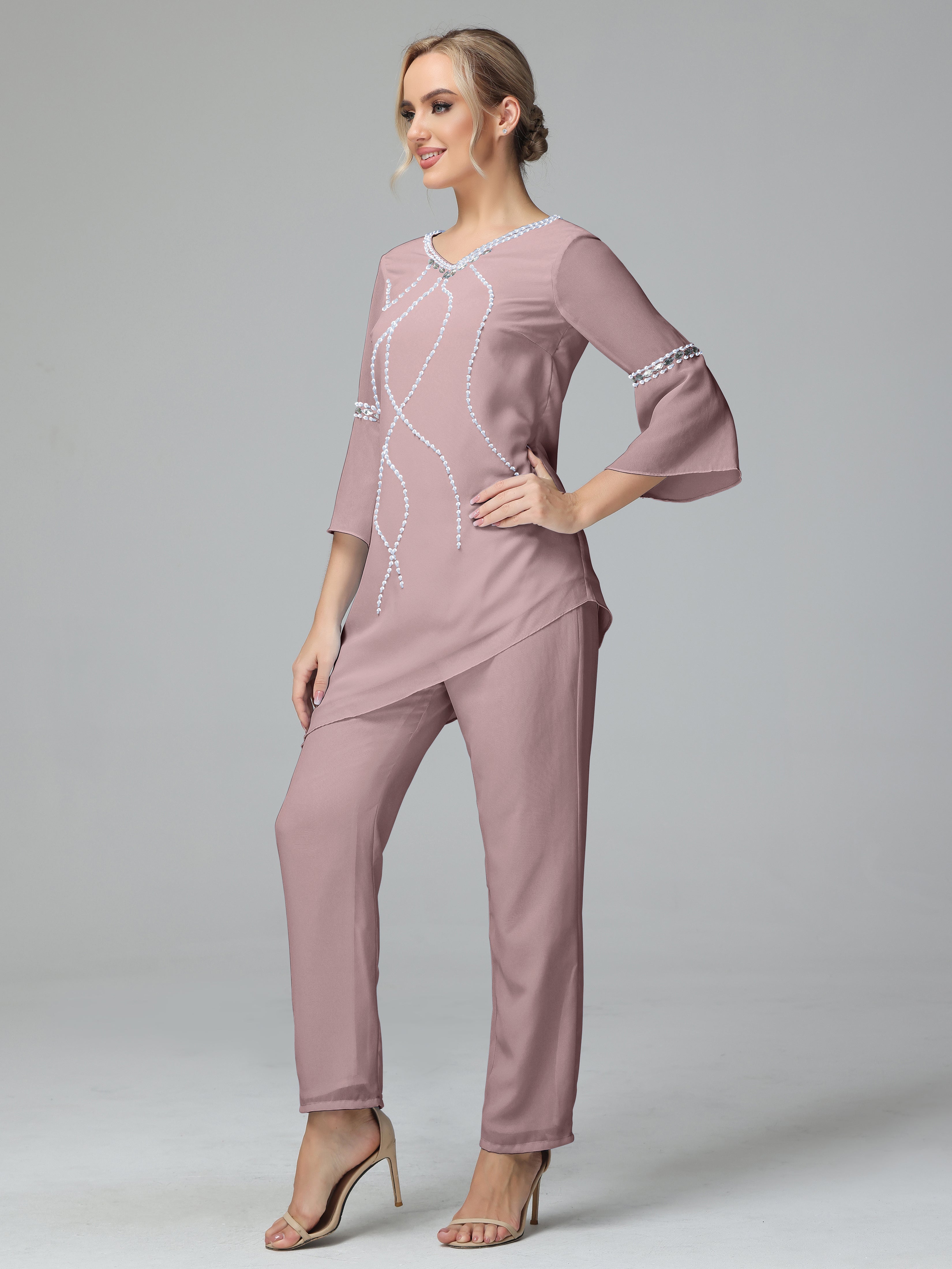 V-Neck Chiffon Mother of the Bride Dress With Beading