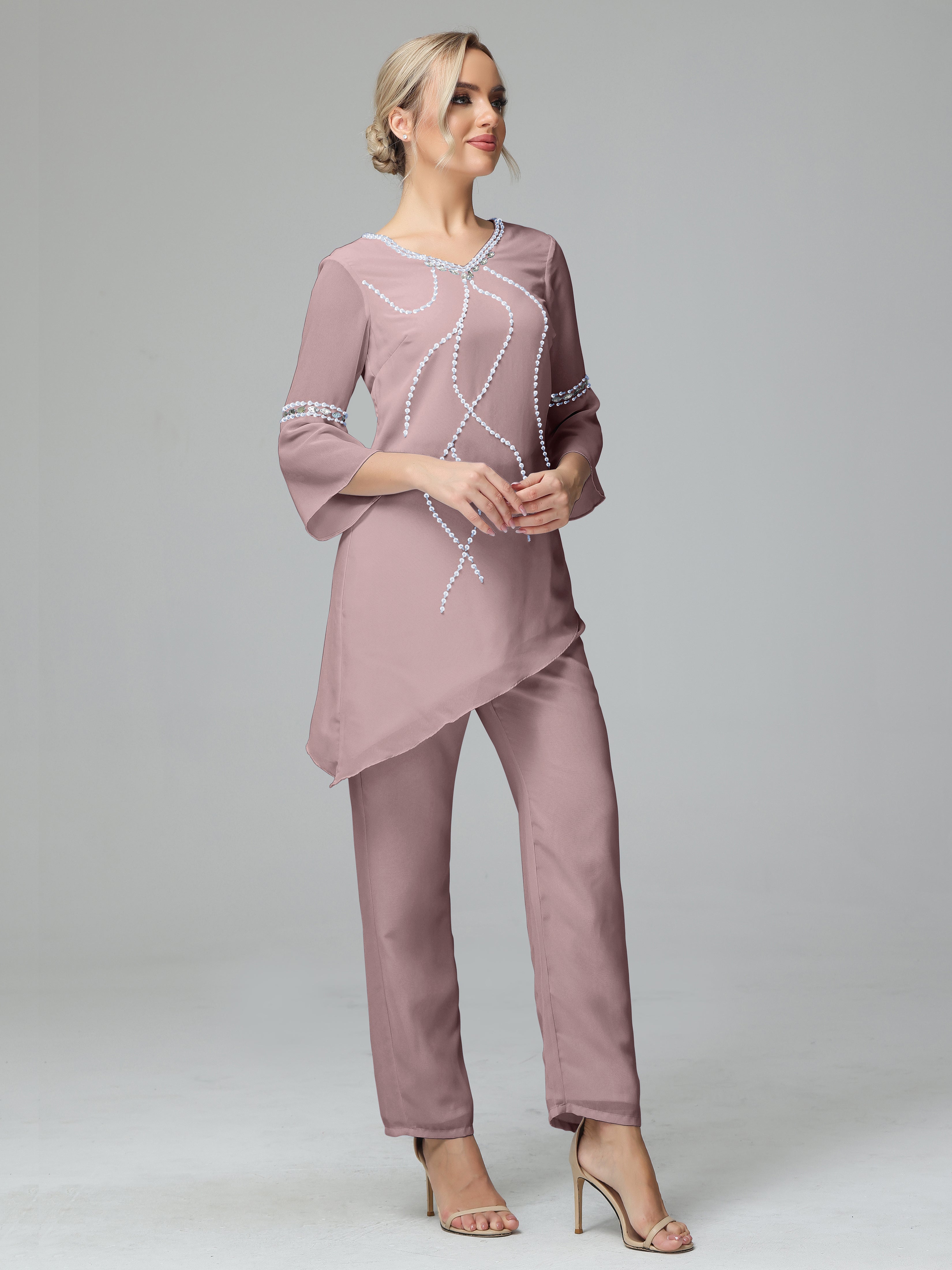 V-Neck Chiffon Mother of the Bride Dress With Beading