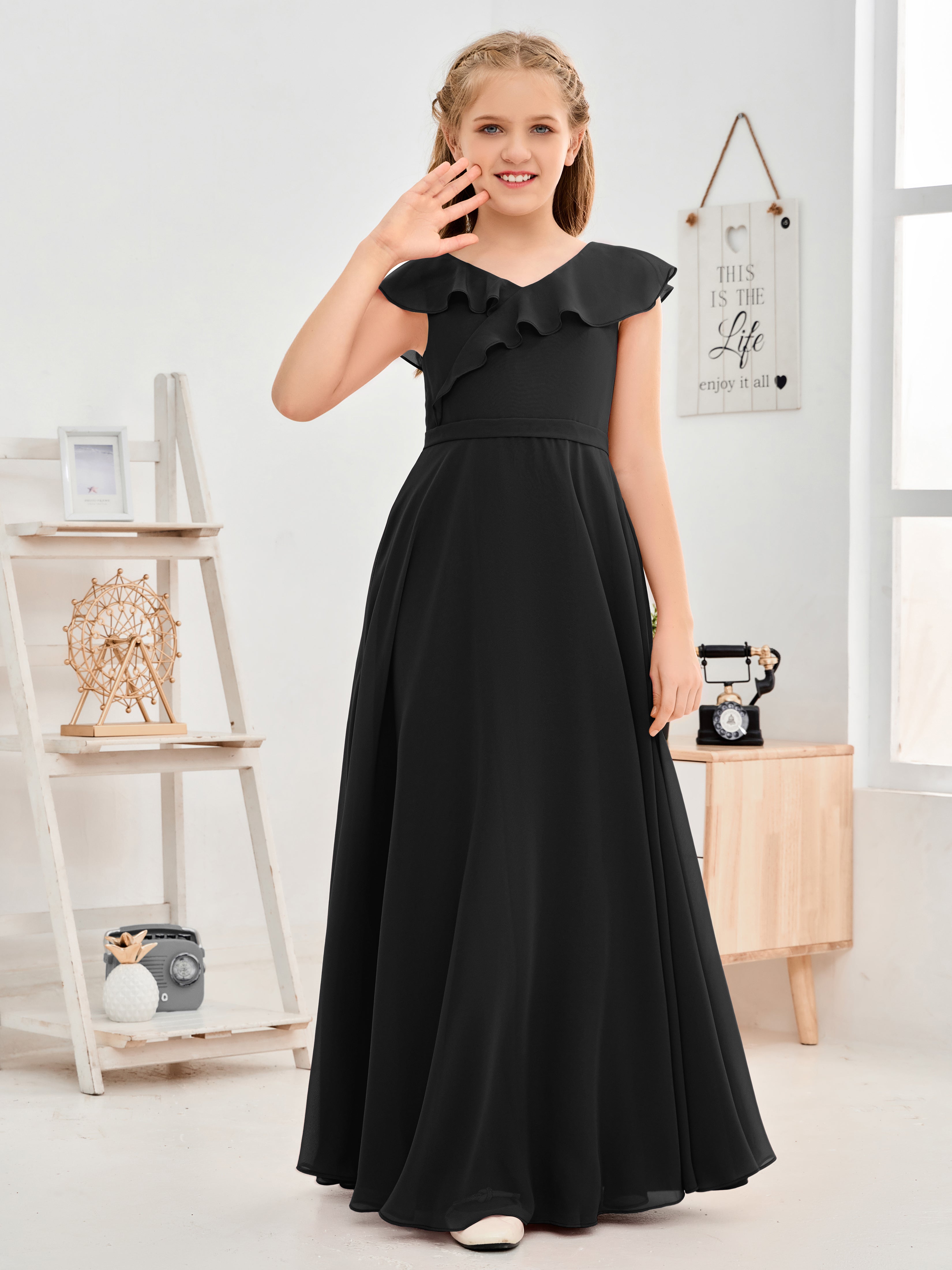 V Neck Ruffles Chiffon Junior Bridesmaid Dresses