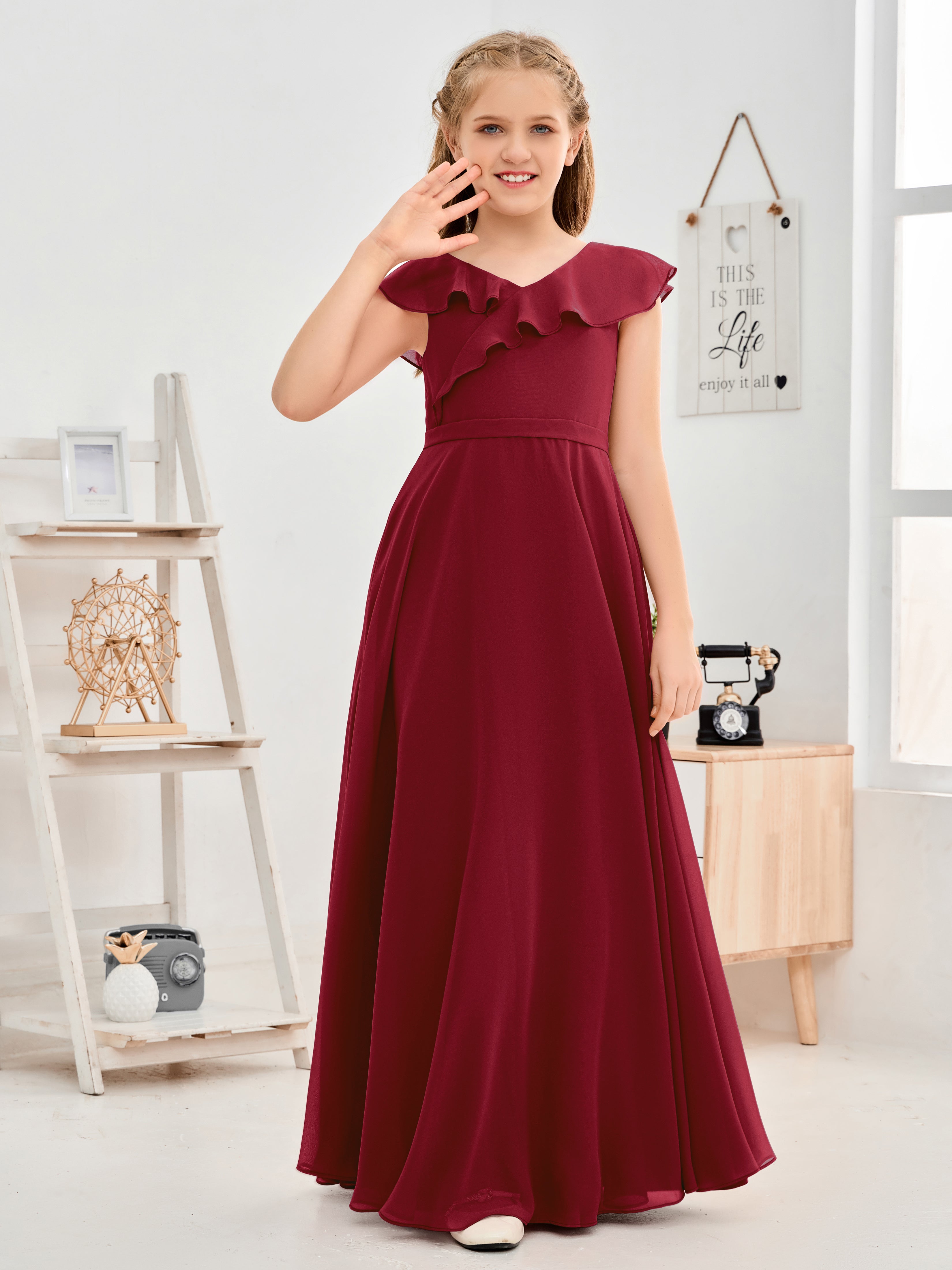 A-Line V-neck Floor-Length Chiffon Junior Bridesmaid Dress high quality With Ruffle