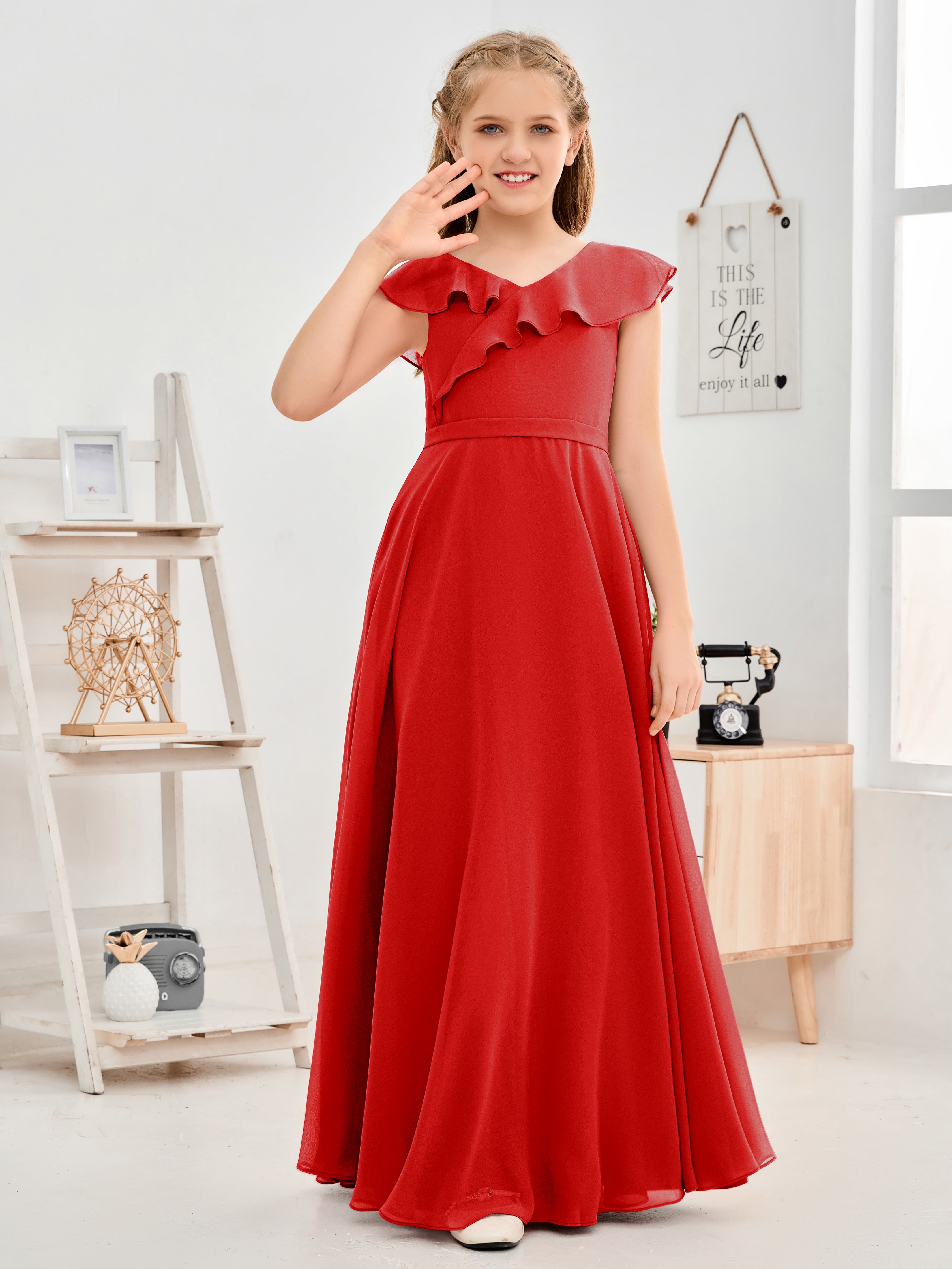 V Neck Ruffles Chiffon Junior Bridesmaid Dresses