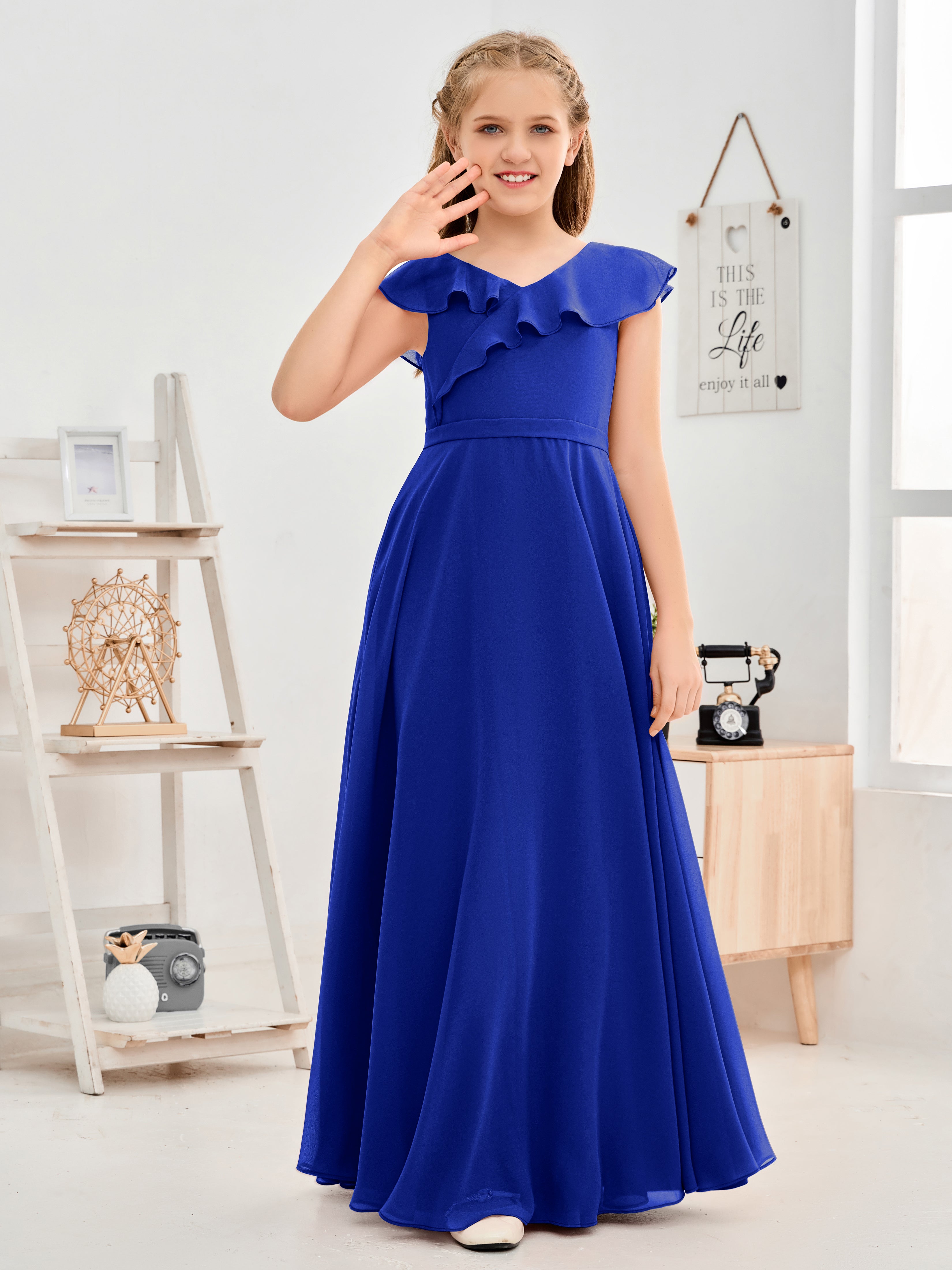 A-Line V-neck deals Floor-Length Chiffon Junior Bridesmaid Dress With Ruffle