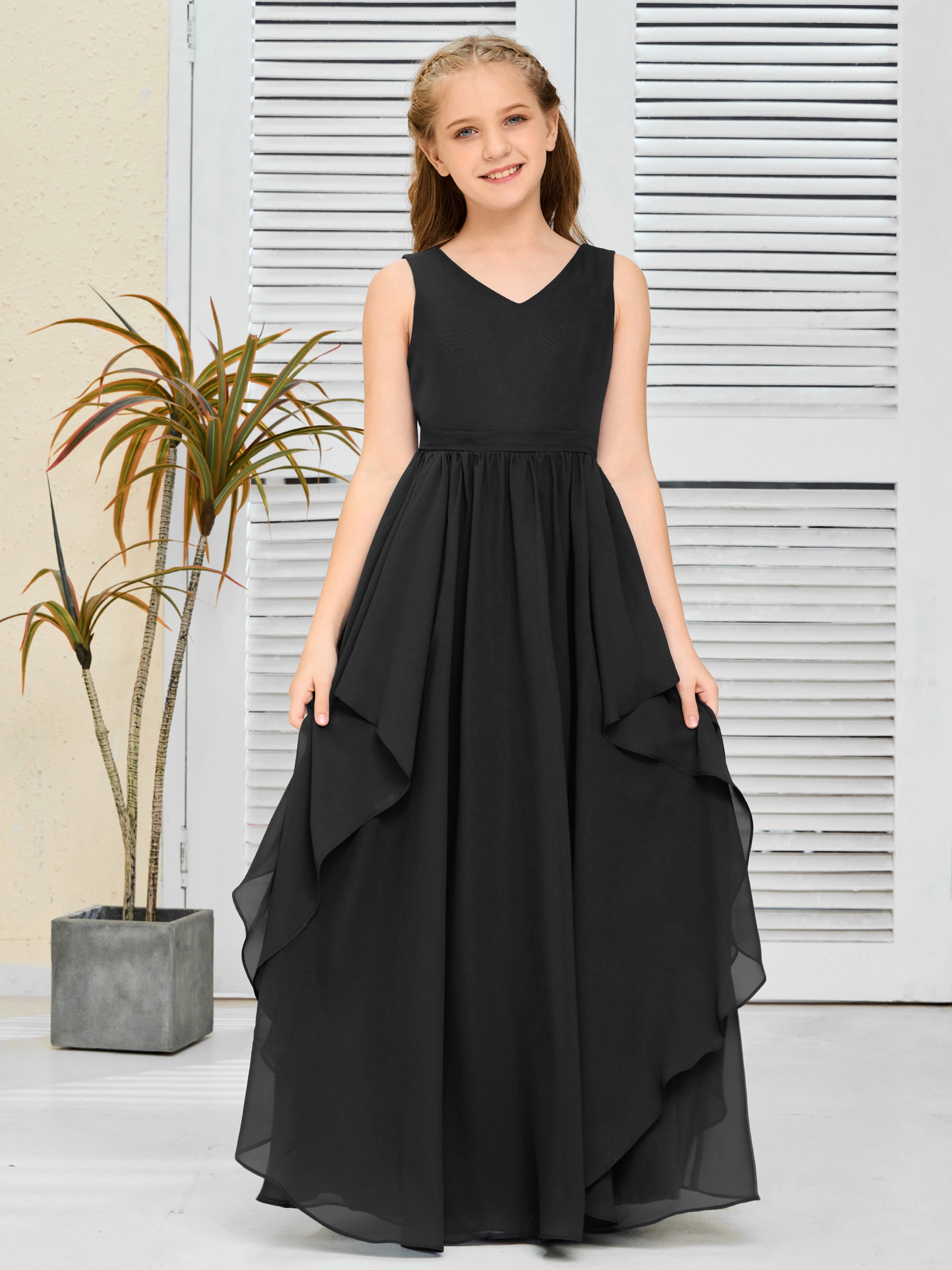 V Neck Sleeveless Chiffon Junior Bridesmaid Dress