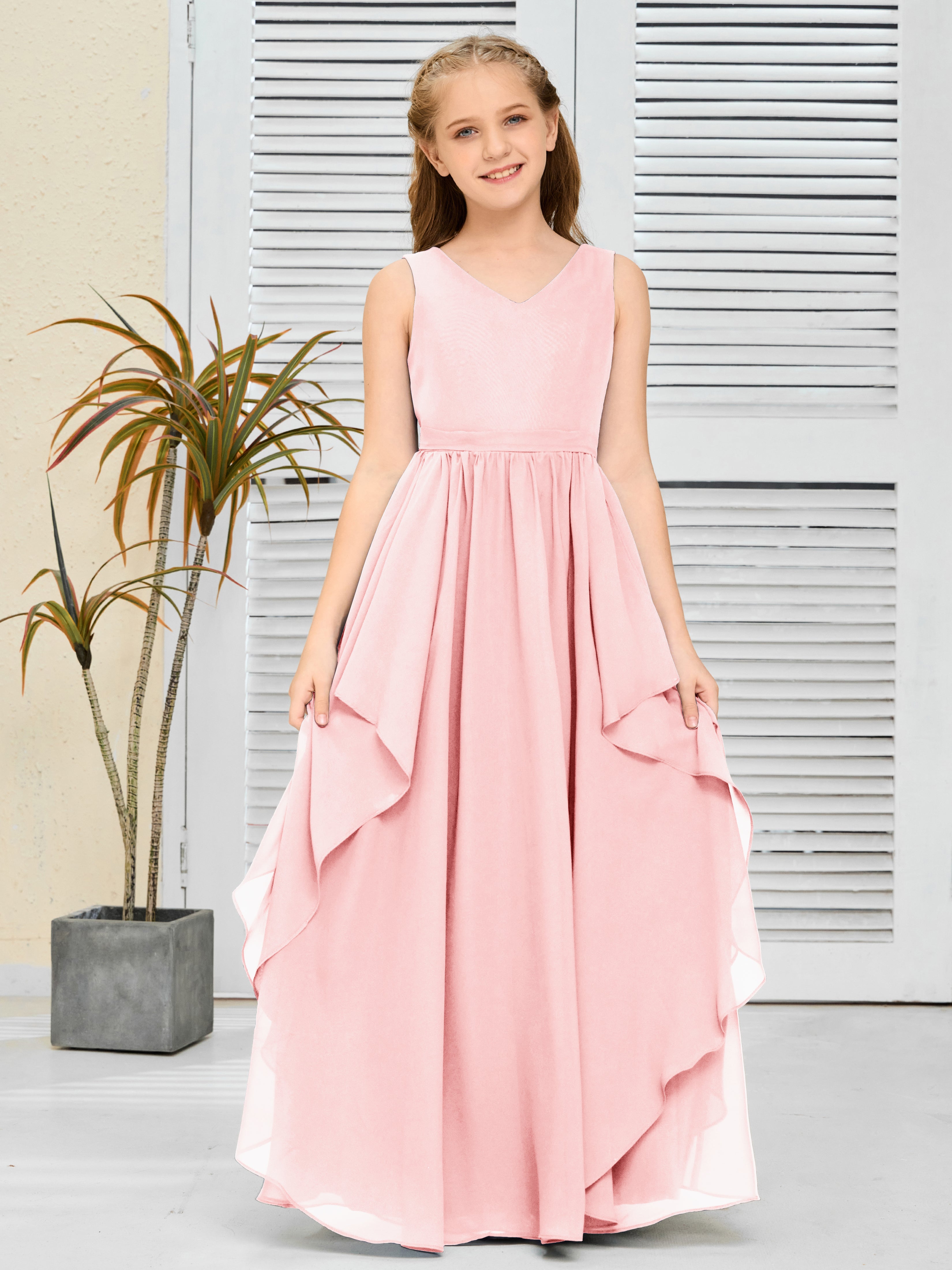 V-Neck Sleeveless Chiffon Junior Bridesmaid Dress