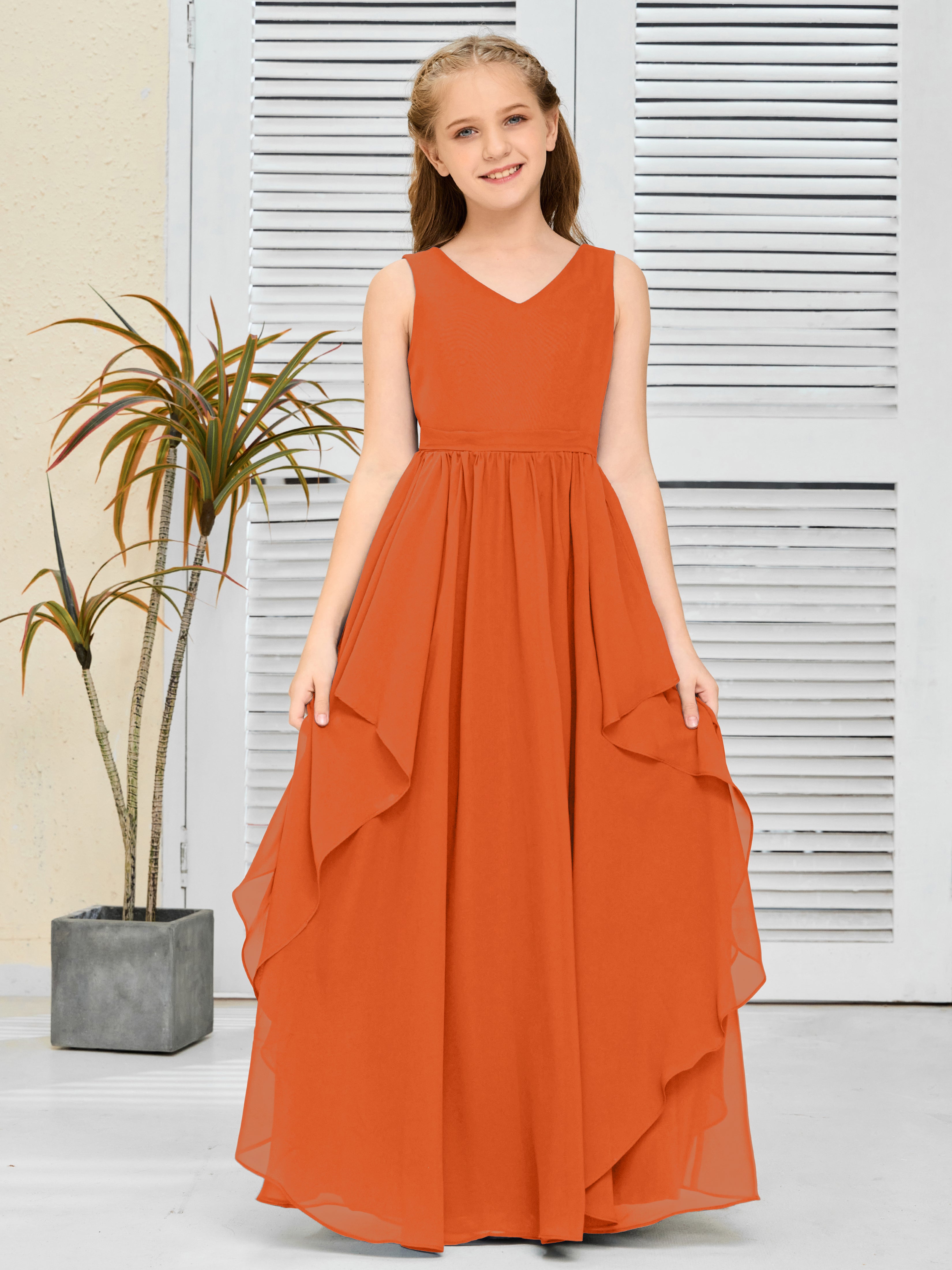 V-Neck Sleeveless Chiffon Junior Bridesmaid Dress