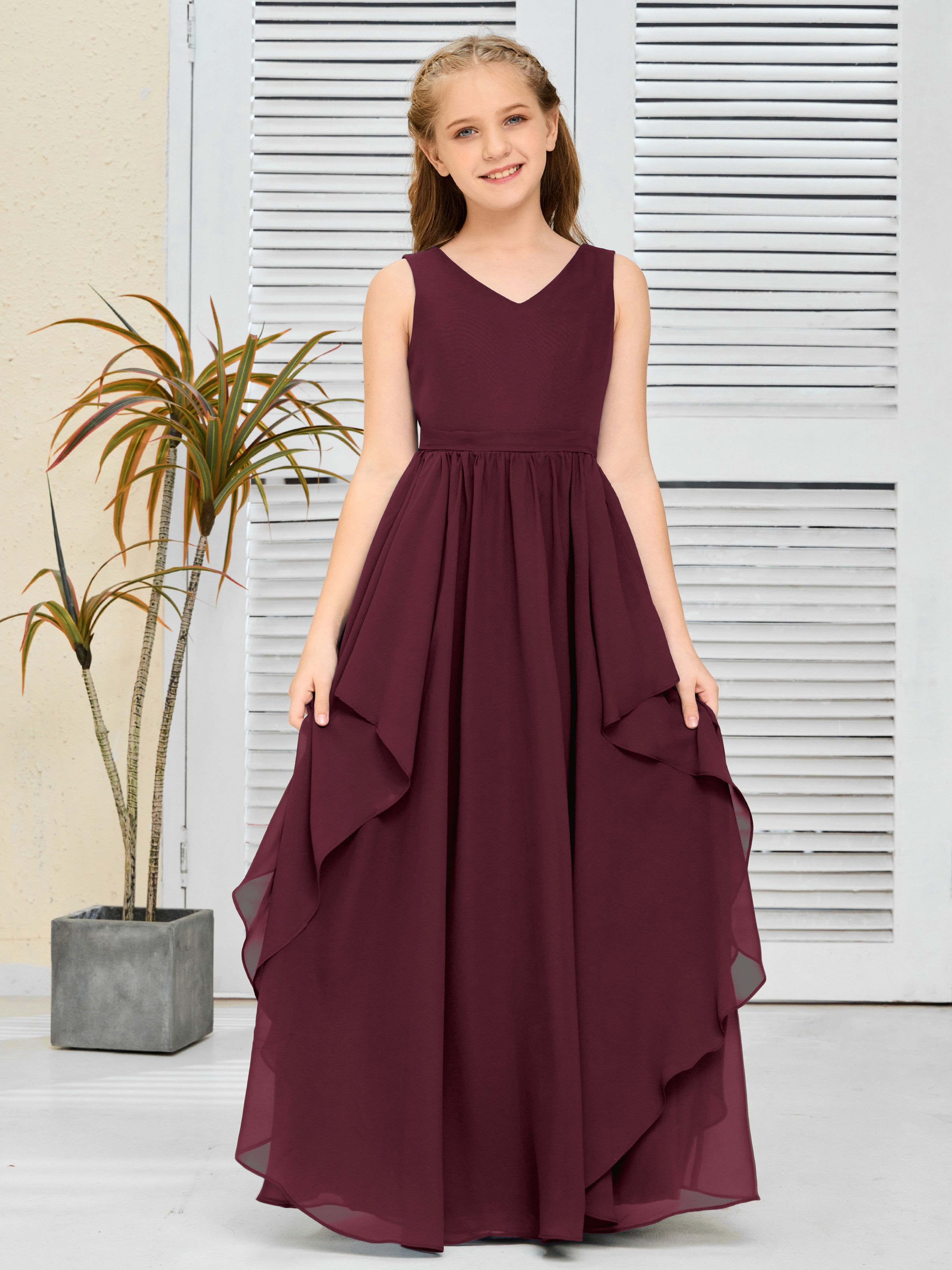 V Neck Sleeveless Chiffon Junior Bridesmaid Dress