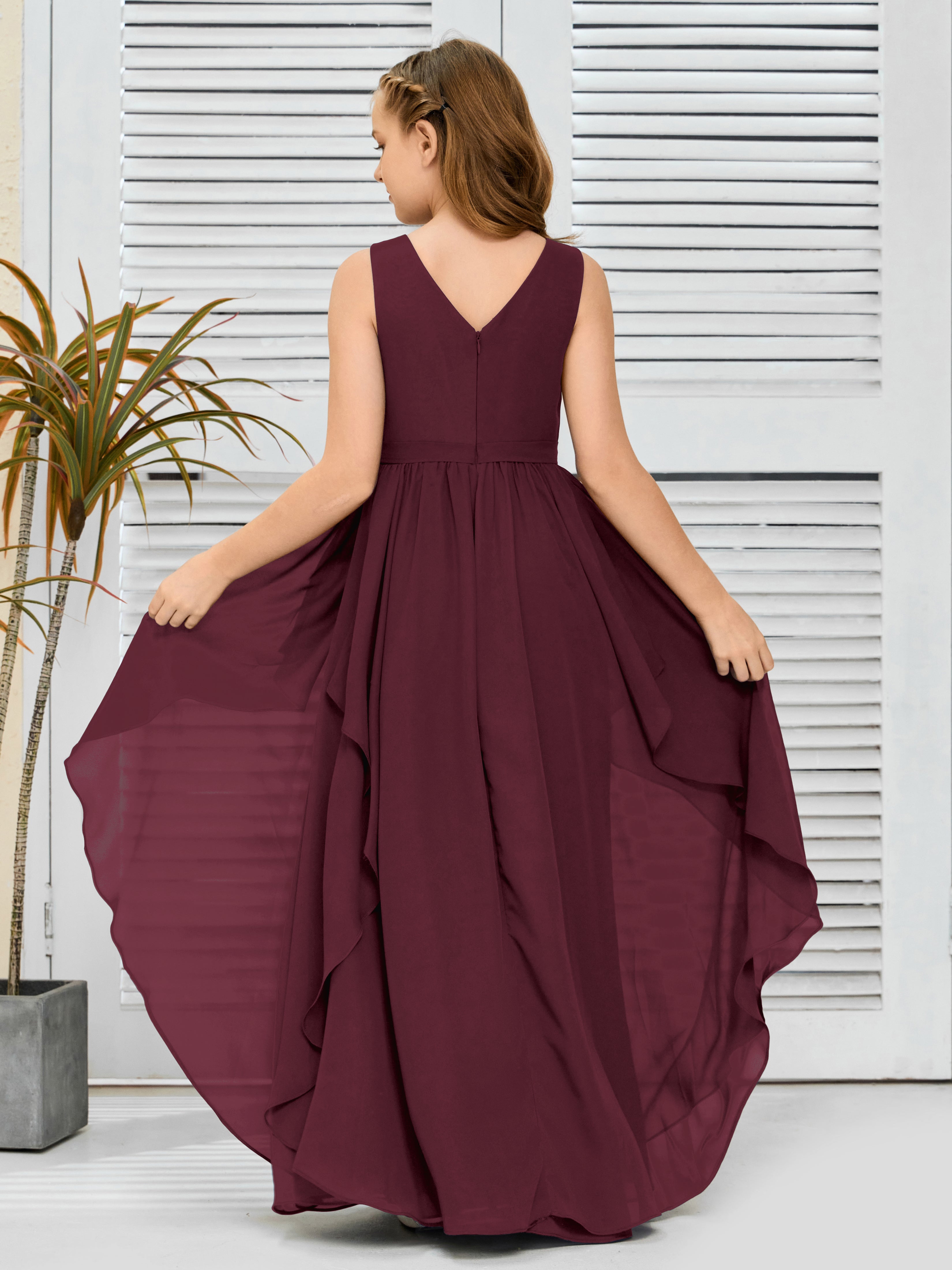 V-Neck Sleeveless Chiffon Junior Bridesmaid Dress