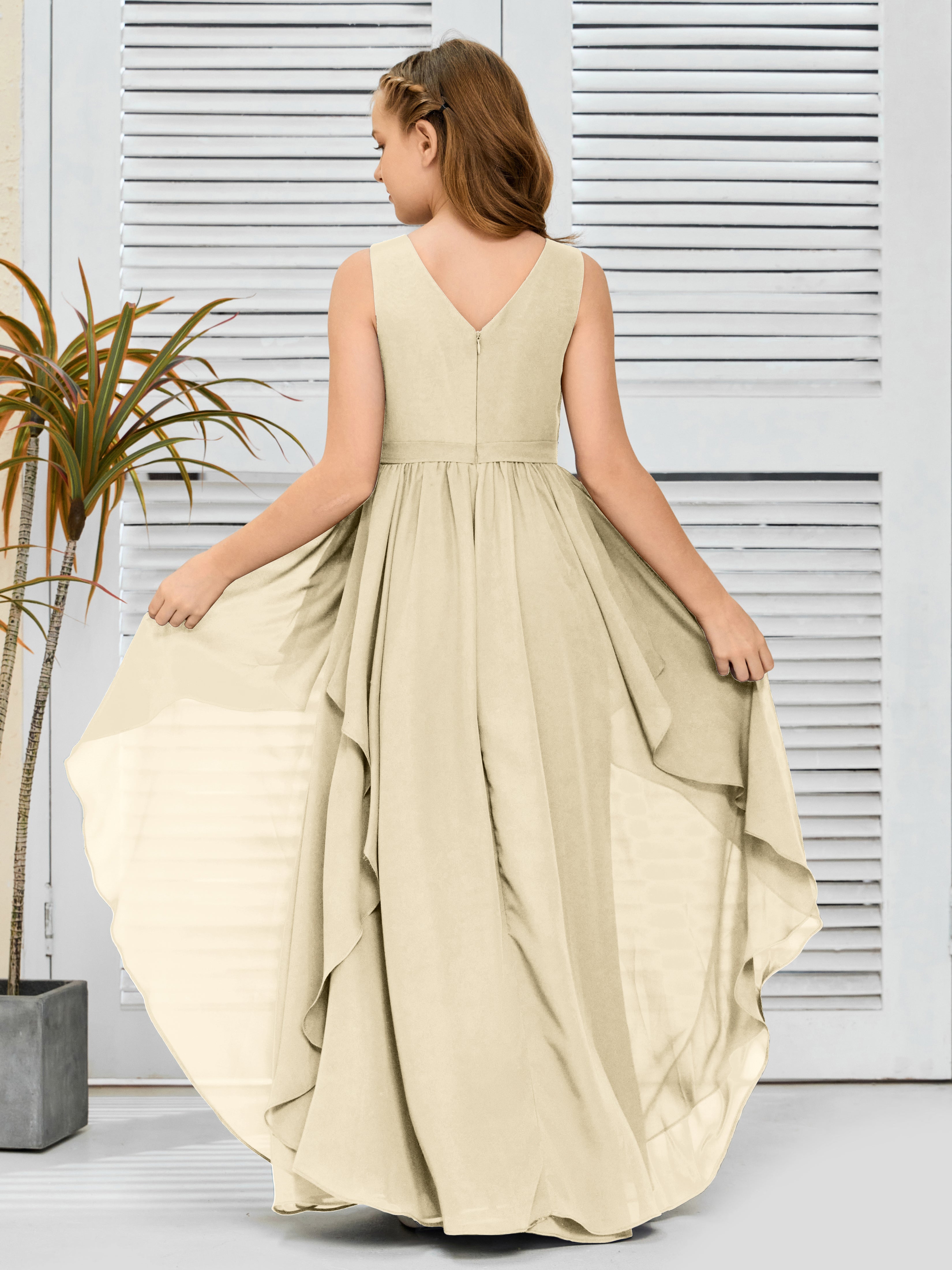 V Neck Sleeveless Chiffon Junior Bridesmaid Dress