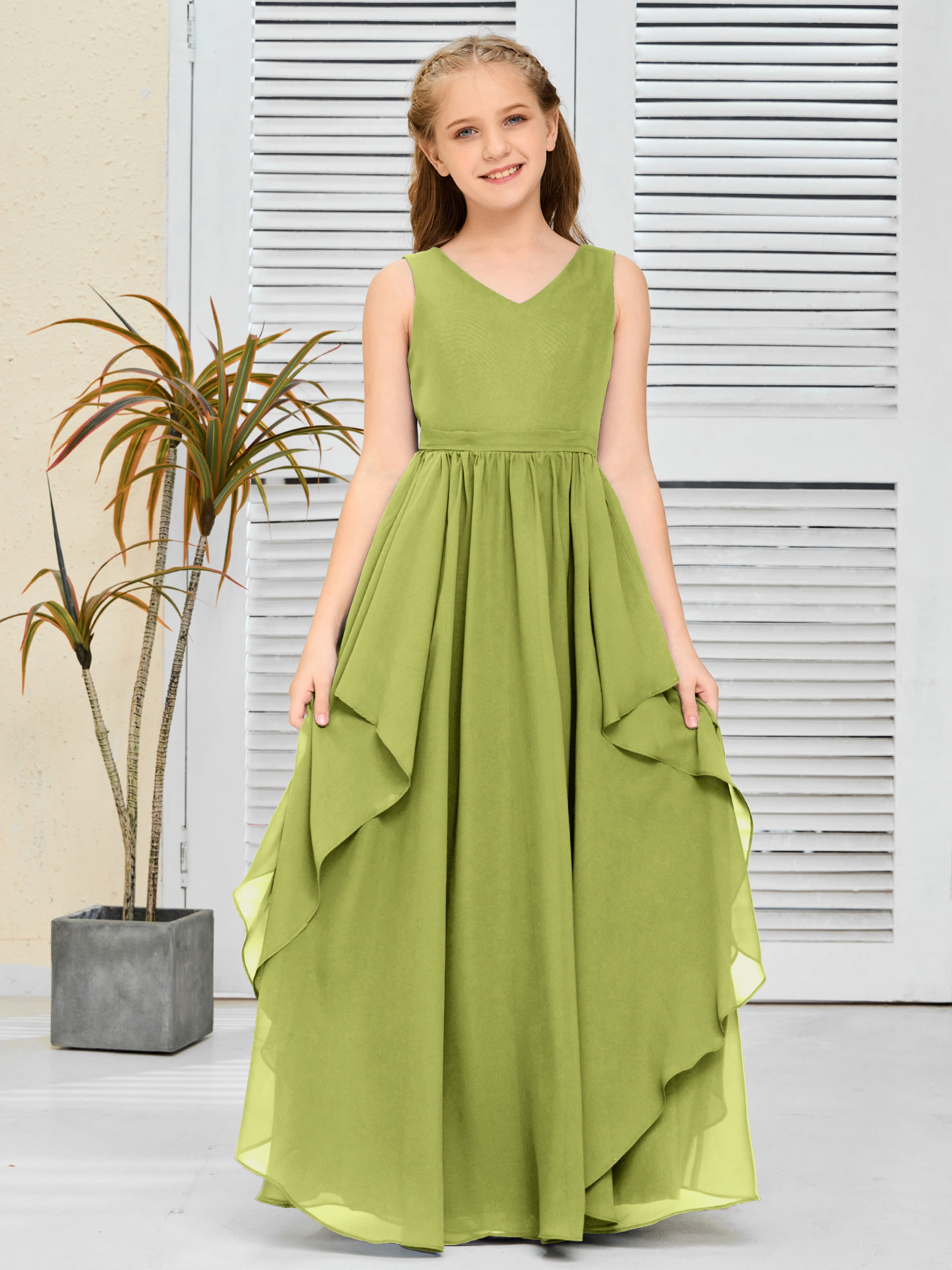 V-Neck Sleeveless Chiffon Junior Bridesmaid Dress