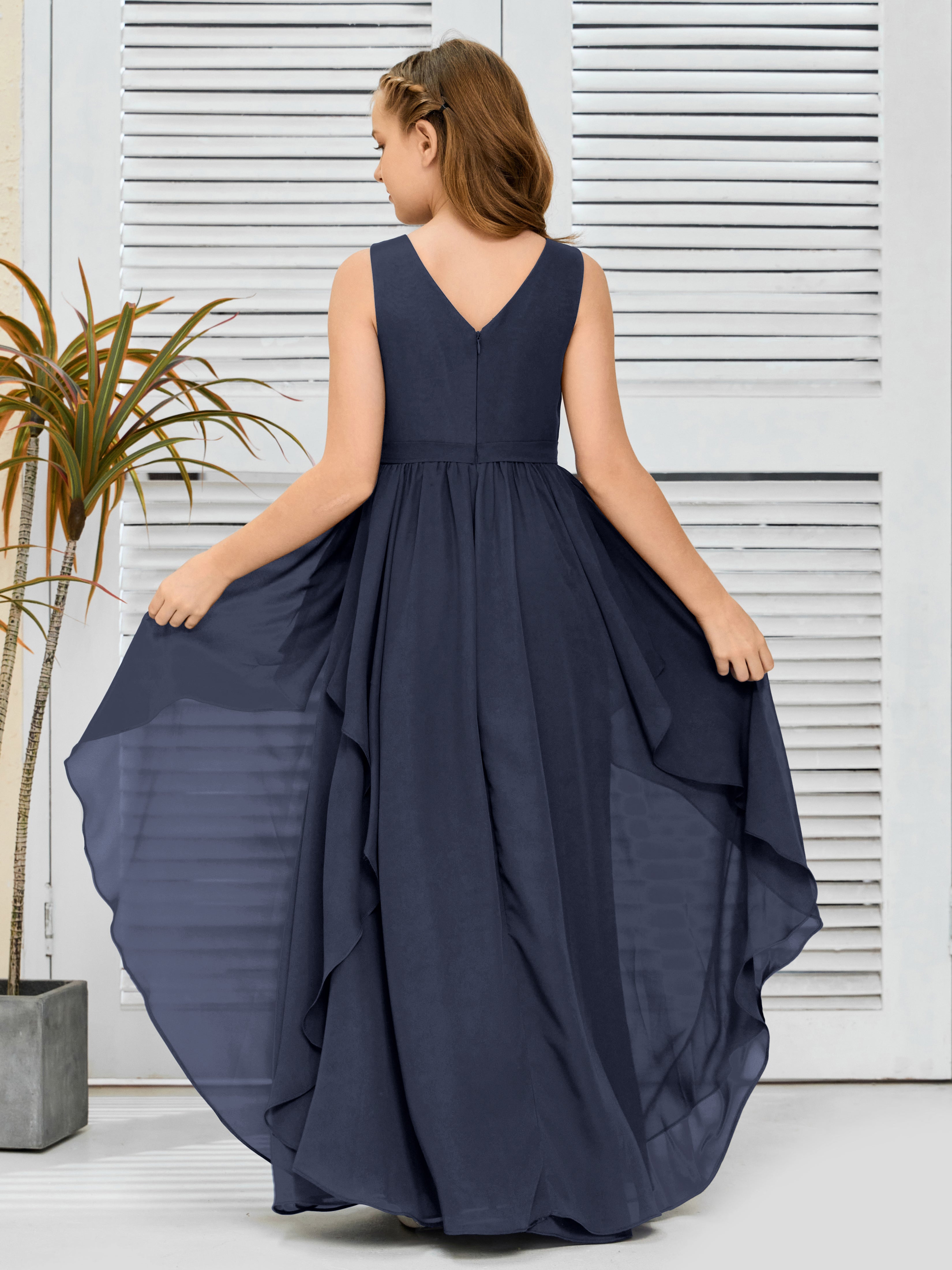 V-Neck Sleeveless Chiffon Junior Bridesmaid Dress