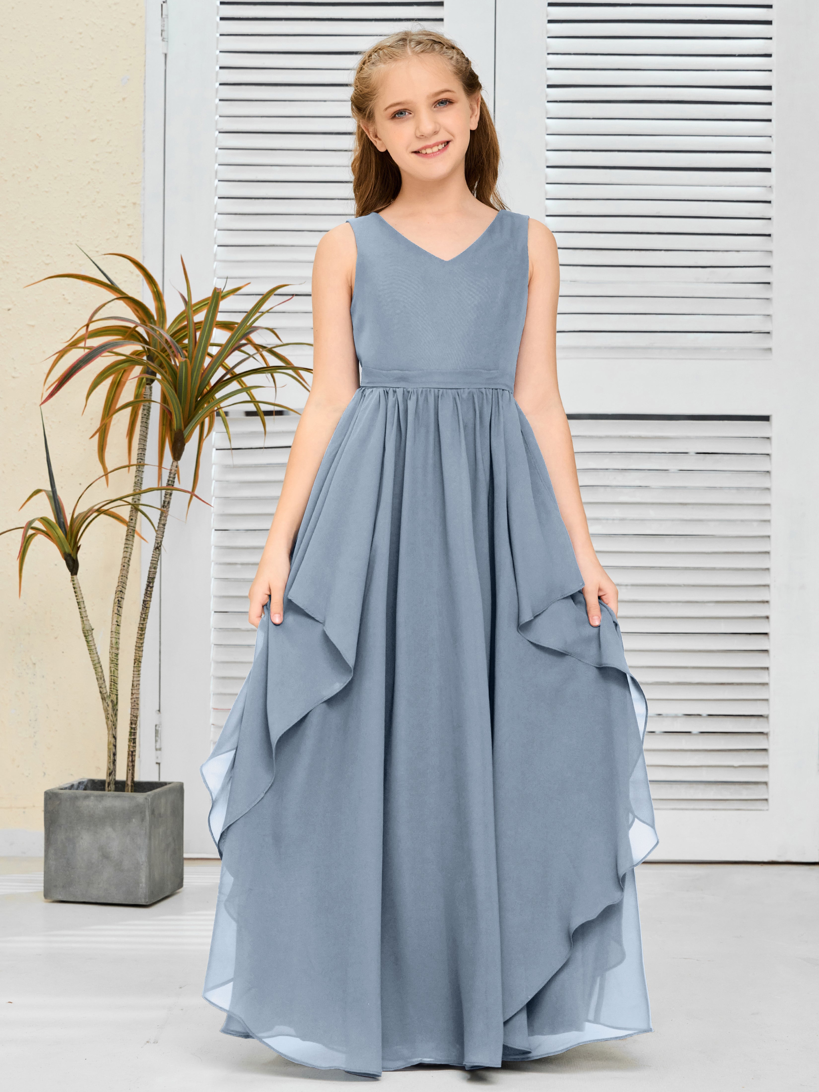 V-Neck Sleeveless Chiffon Junior Bridesmaid Dress