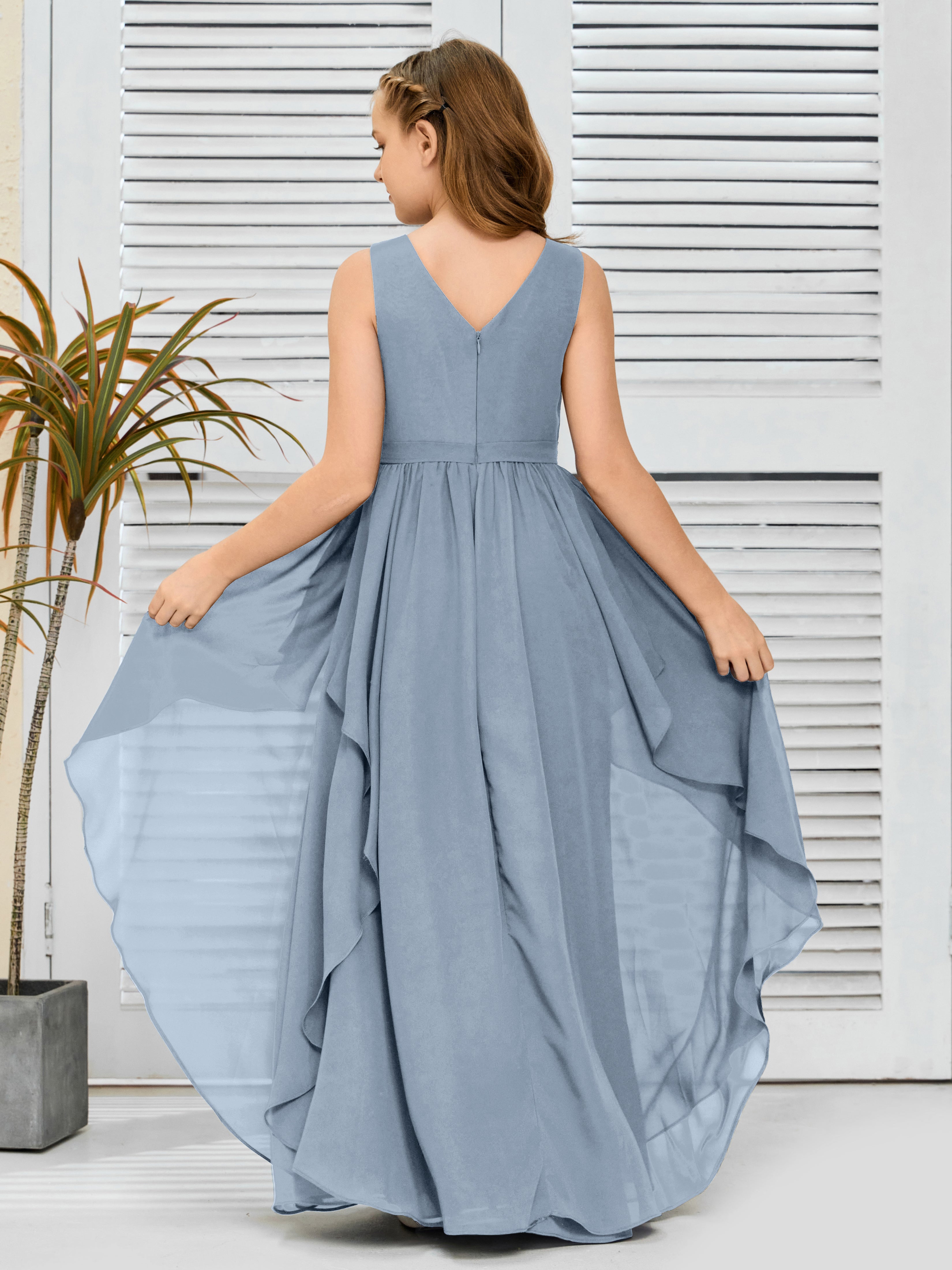 V-Neck Sleeveless Chiffon Junior Bridesmaid Dress