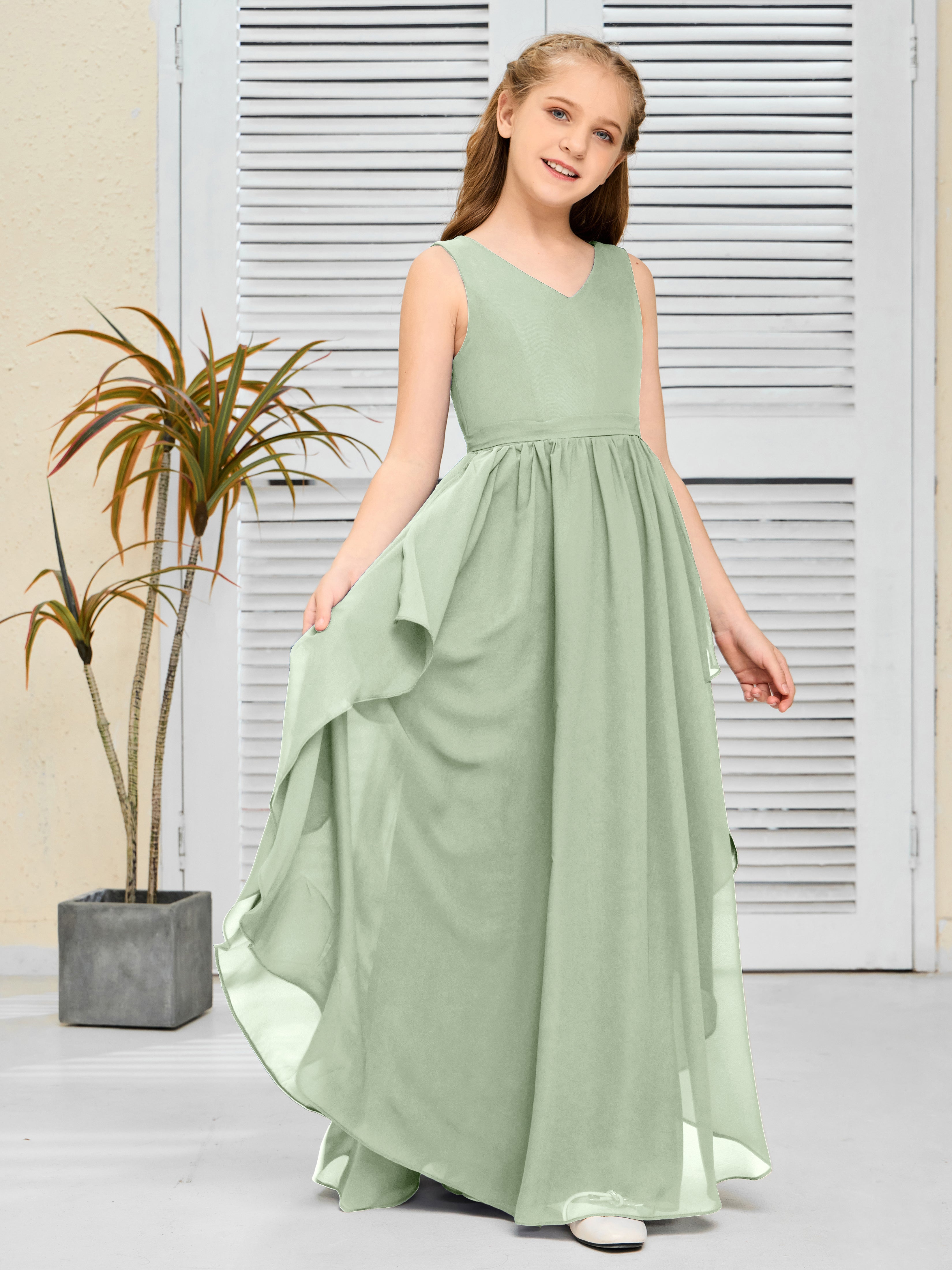 V Neck Sleeveless Chiffon Junior Bridesmaid Dress