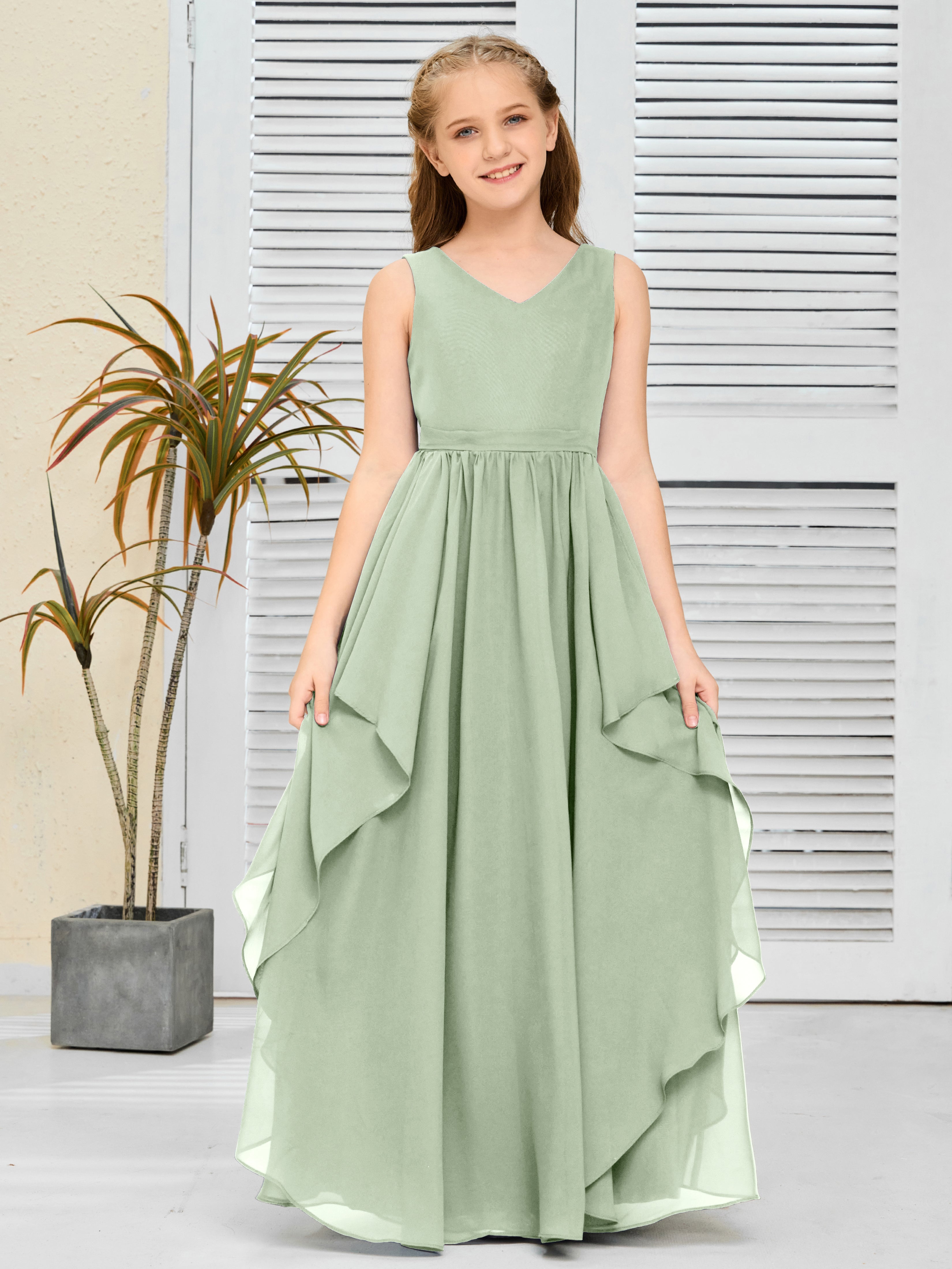 V-Neck Sleeveless Chiffon Junior Bridesmaid Dress